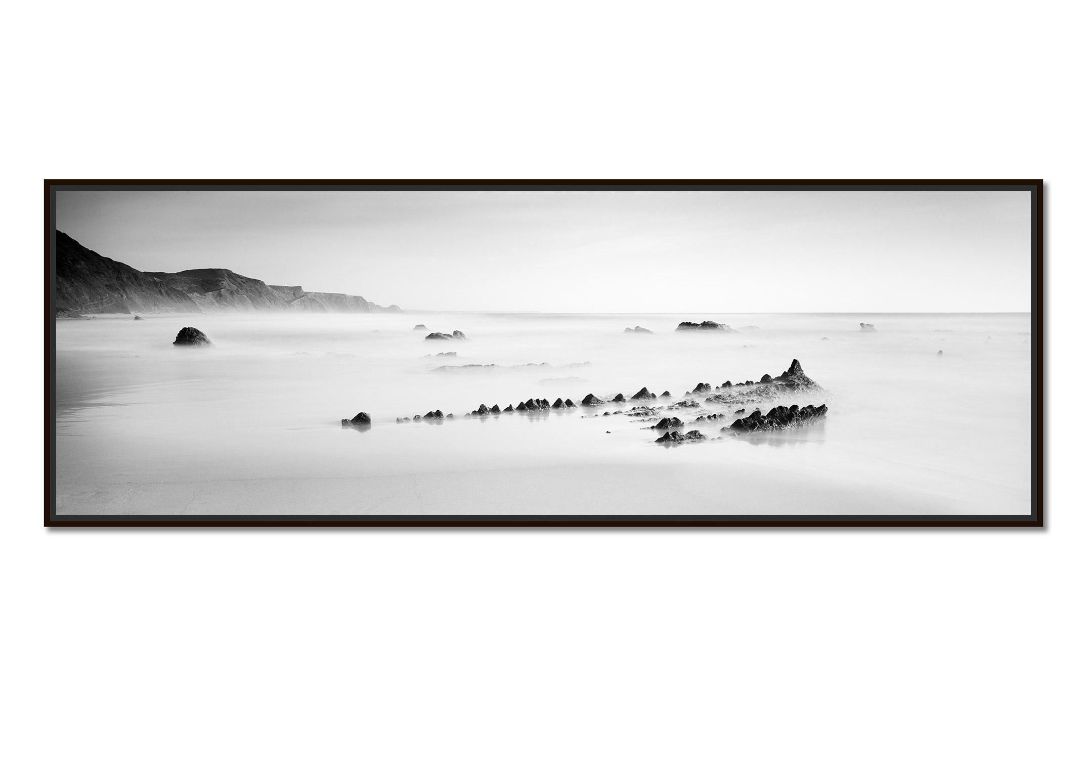 Fishbones Panorama, Beach, Shoreline, Portugal, black and white landscape print - Photograph by Gerald Berghammer