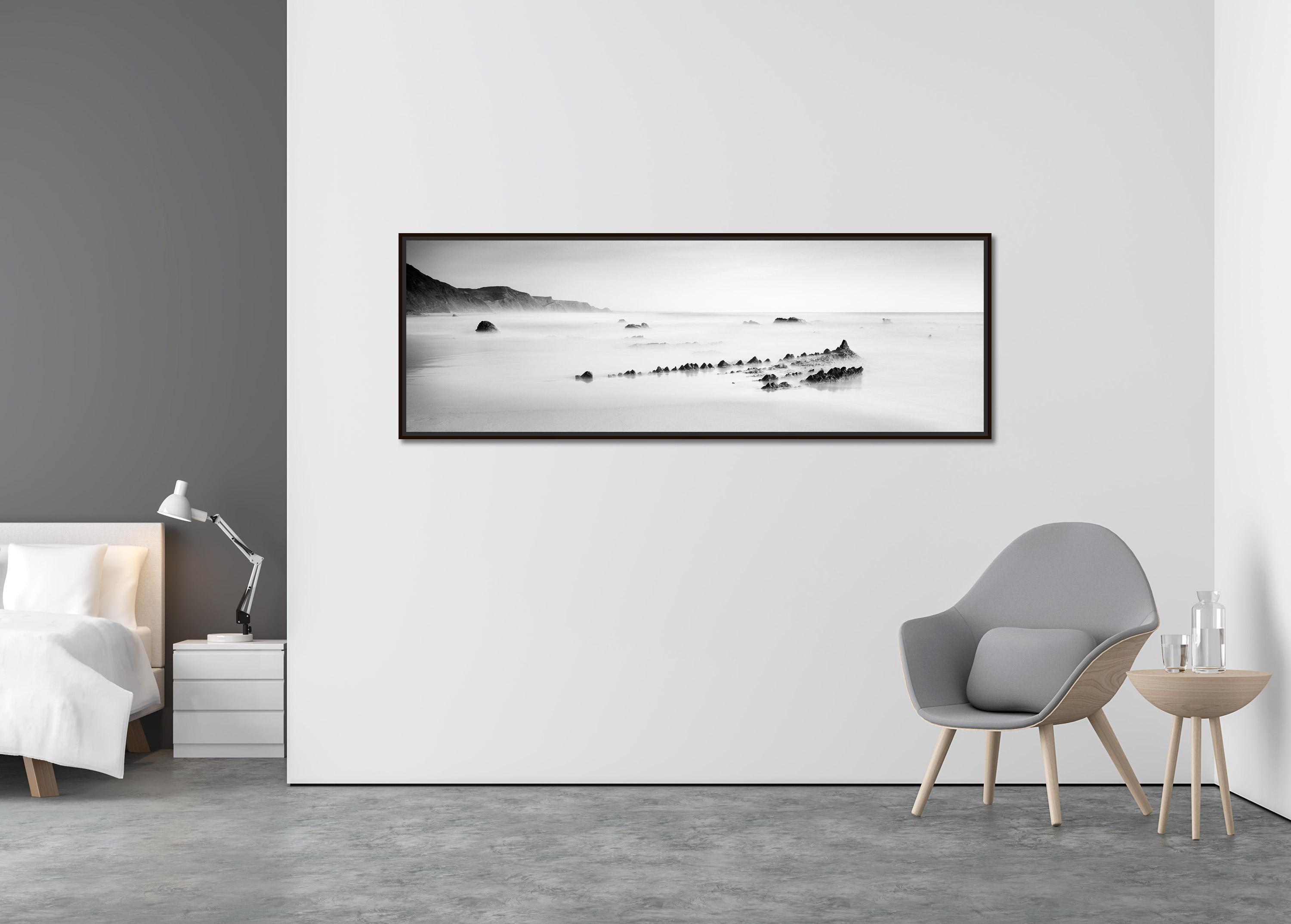 Fishbones Panorama, Beach, Shoreline, Portugal, black and white landscape print - Contemporary Photograph by Gerald Berghammer