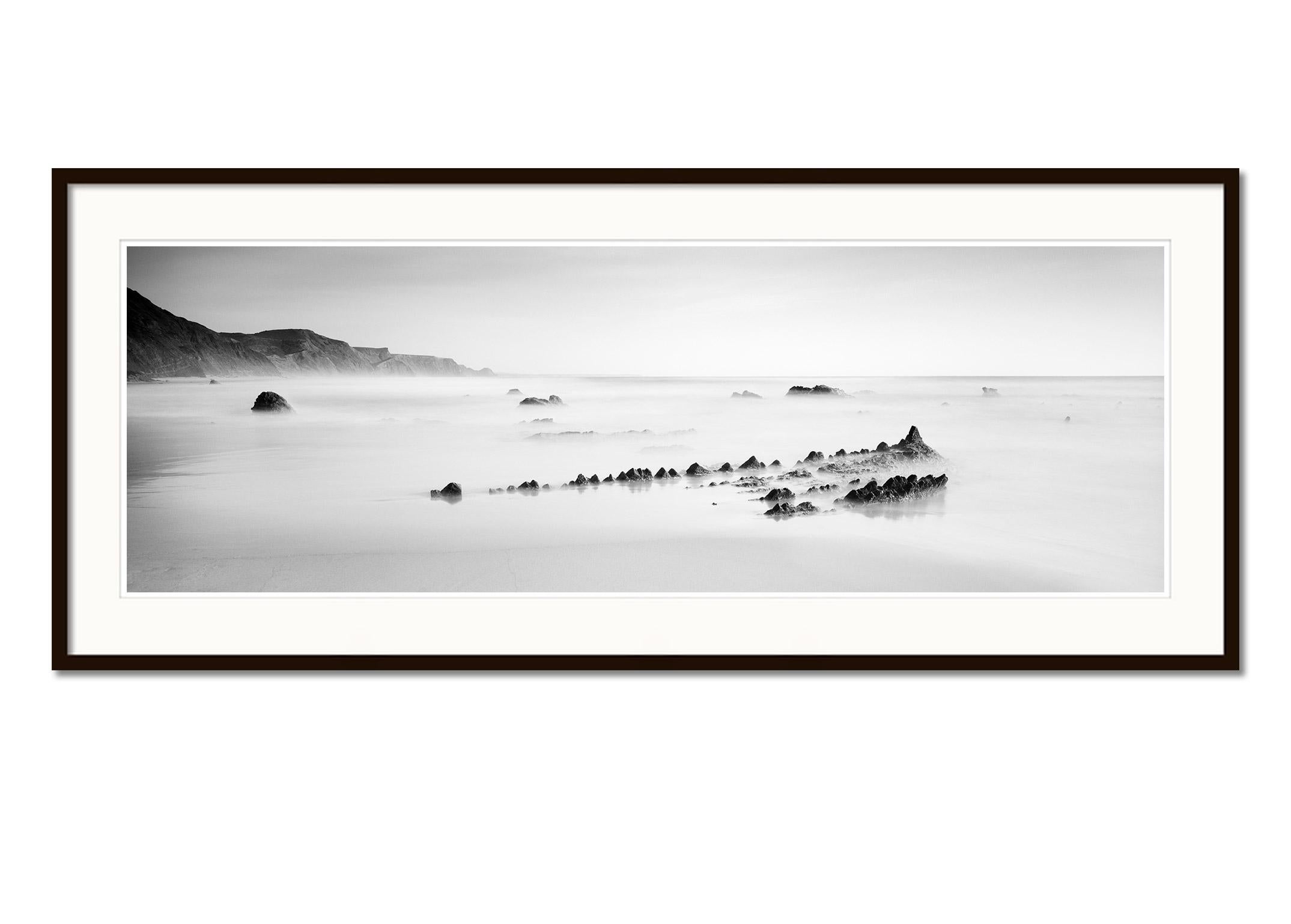 Fishbones Panorama, Beach, Shoreline, Portugal, black and white landscape print - Gray Landscape Photograph by Gerald Berghammer