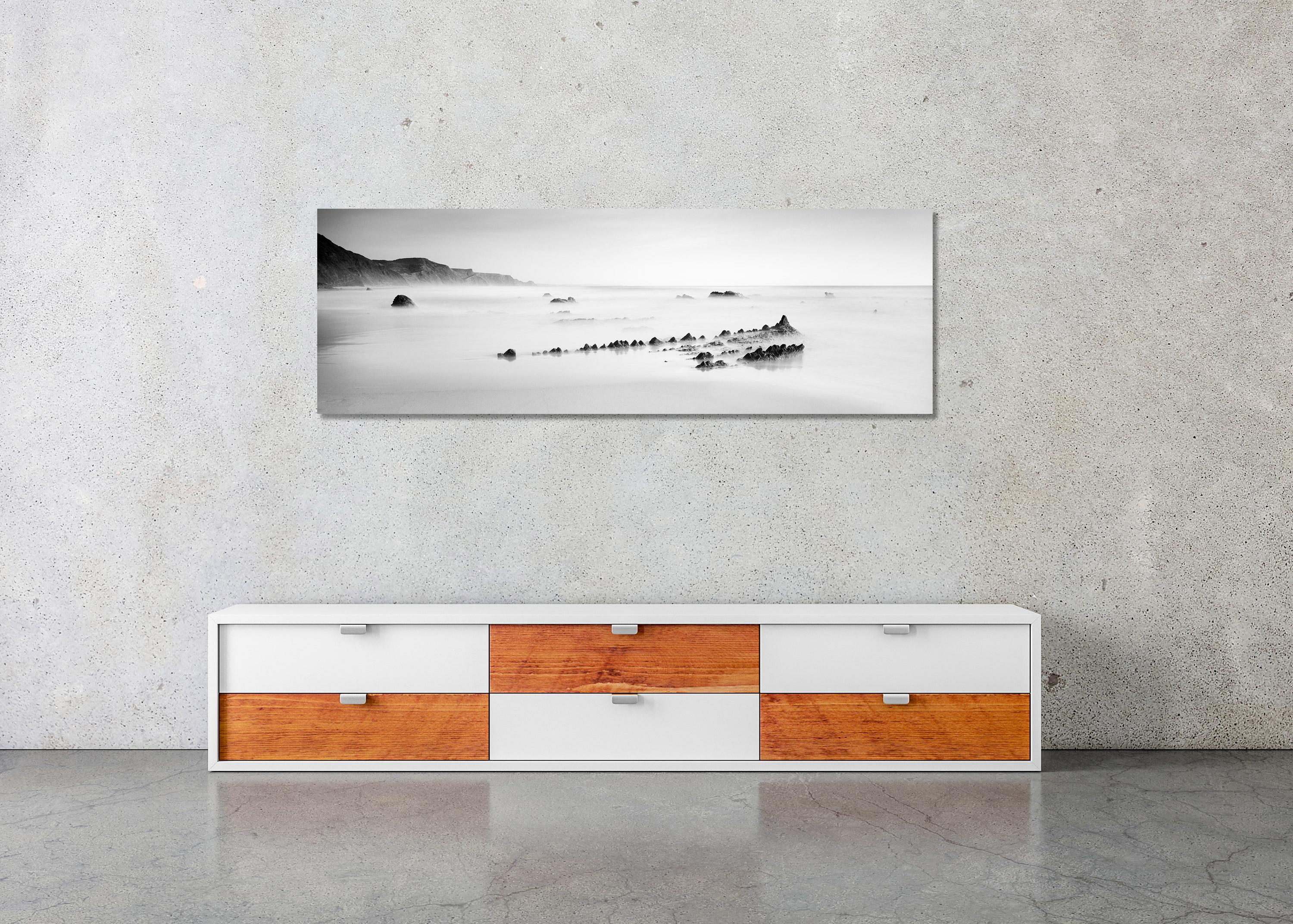 Fishbones Panorama, Beach, Shoreline, Portugal, black and white landscape print For Sale 2