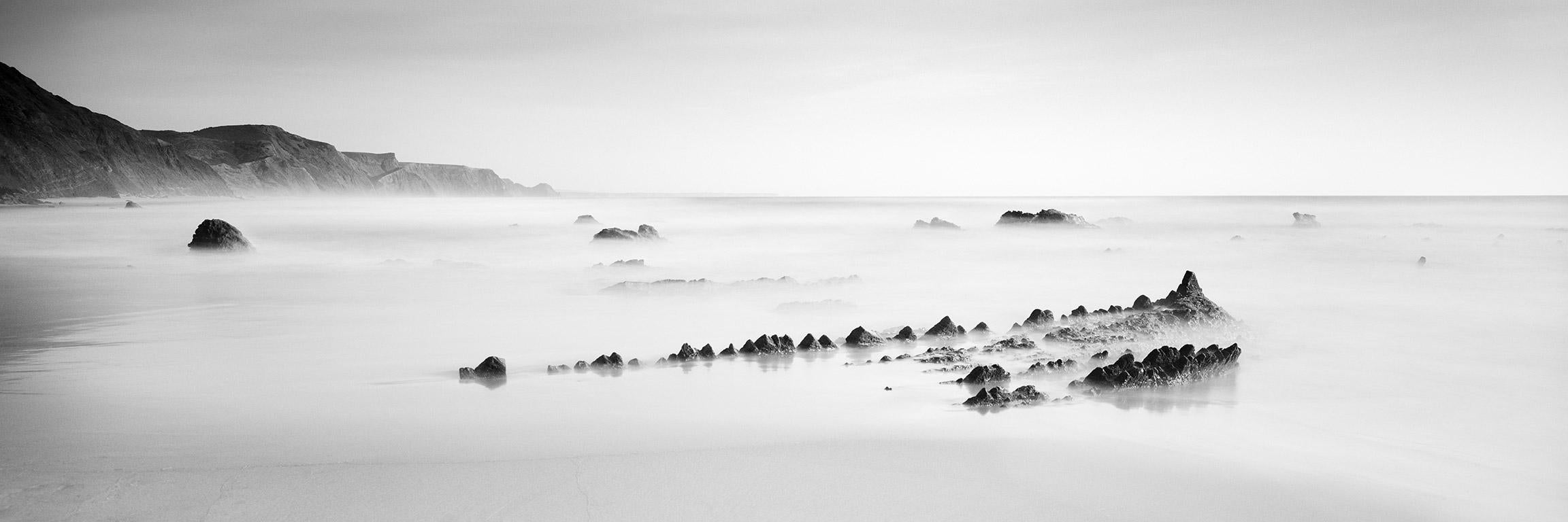 Fishbones Panorama, Beach, Shoreline, Portugal, black and white landscape print