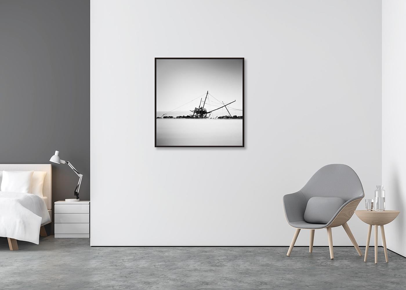 Fishing, Abandoned Stilt House, monochrome photograph, limited edition seascape - Contemporary Photograph by Gerald Berghammer