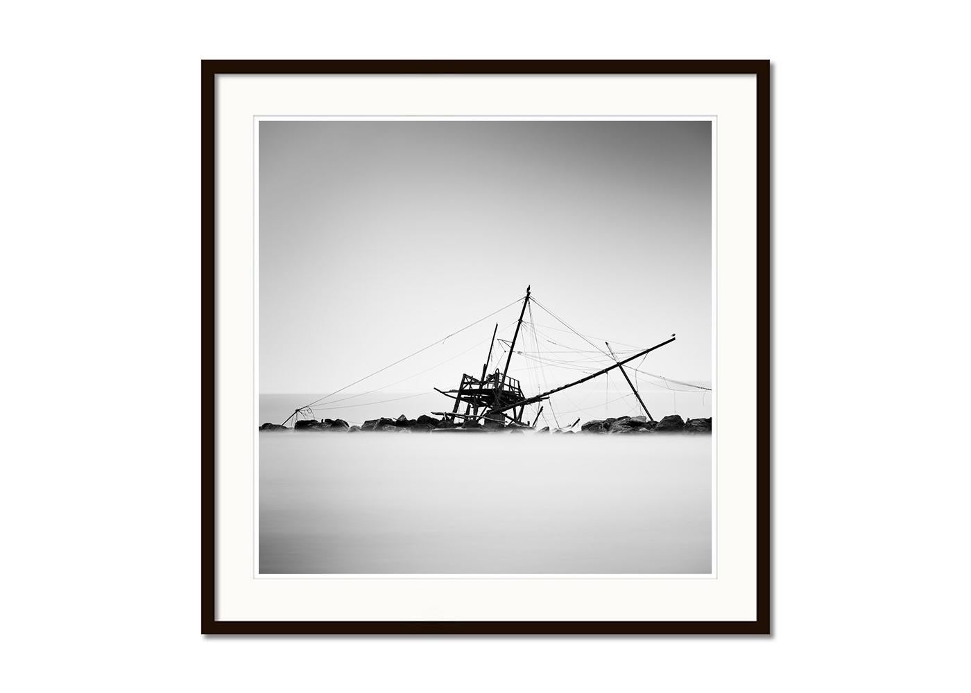 Fishing, Abandoned Stilt House, monochrome photograph, limited edition seascape - Gray Landscape Photograph by Gerald Berghammer