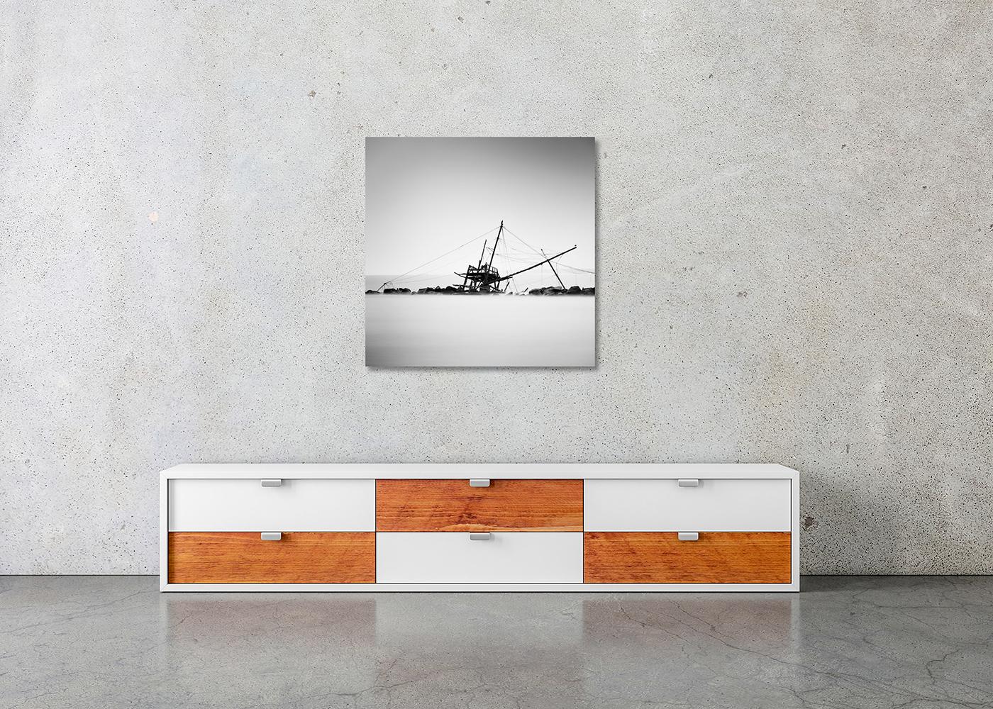 Fishing, Abandoned Stilt House, monochrome photograph, limited edition seascape For Sale 1