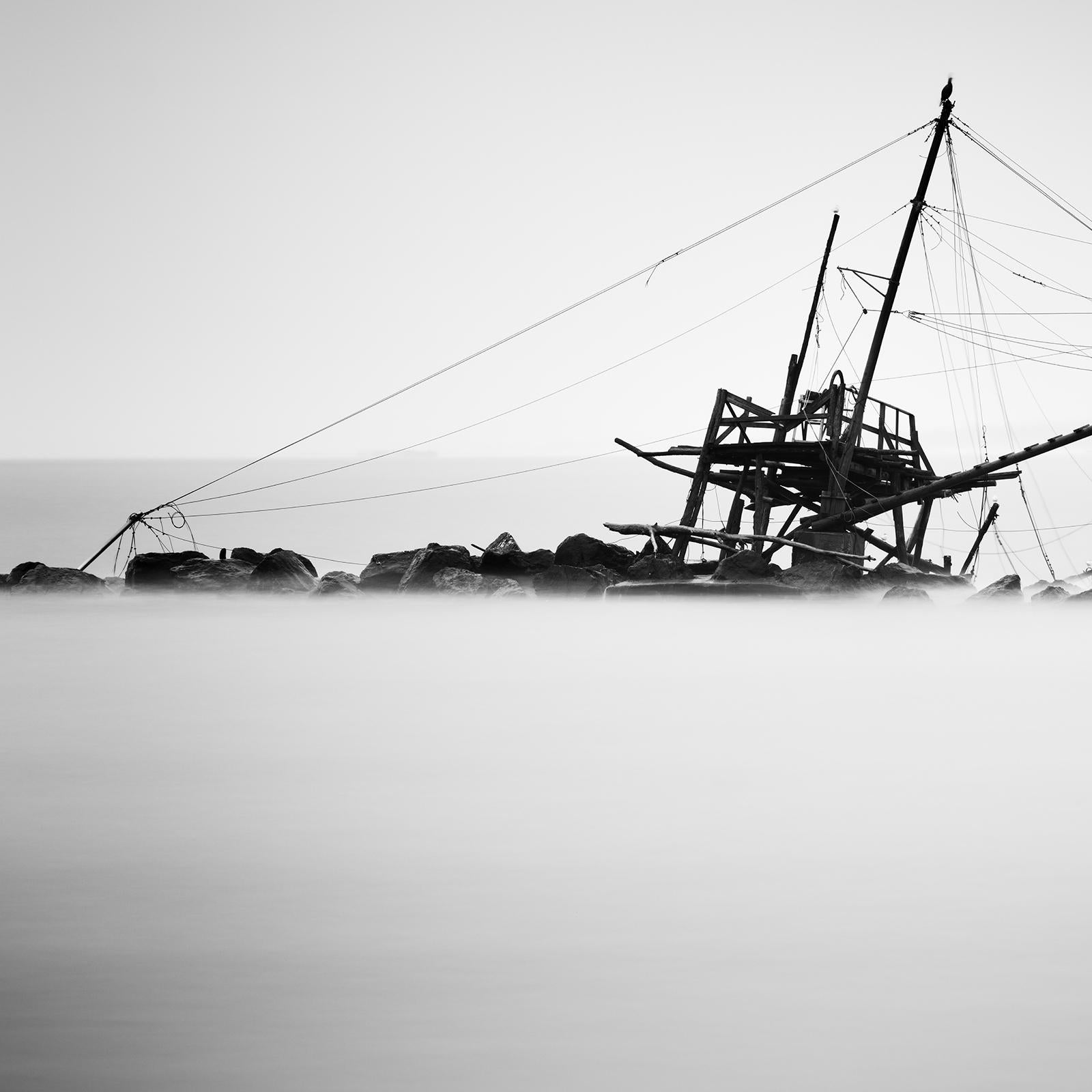 Fishing, Abandoned Stilt House, monochrome photograph, limited edition seascape For Sale 3