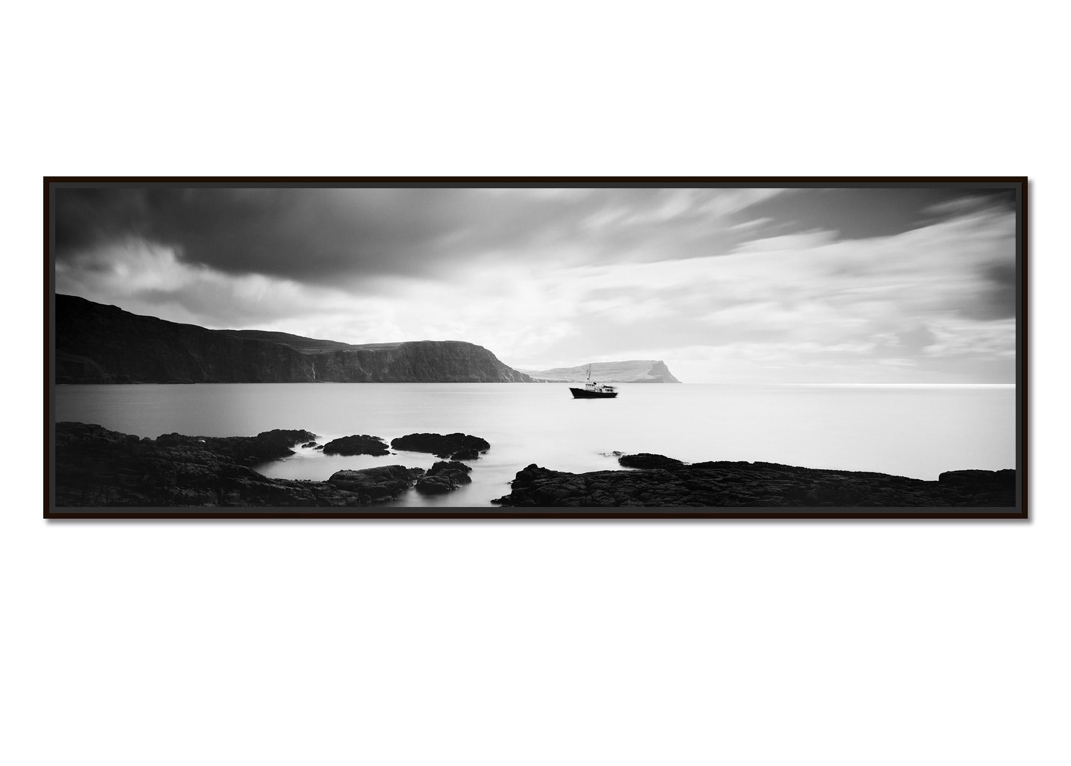 Fishing Boat Panorama, shoreline, Scotland, black white waterscape photography - Photograph by Gerald Berghammer