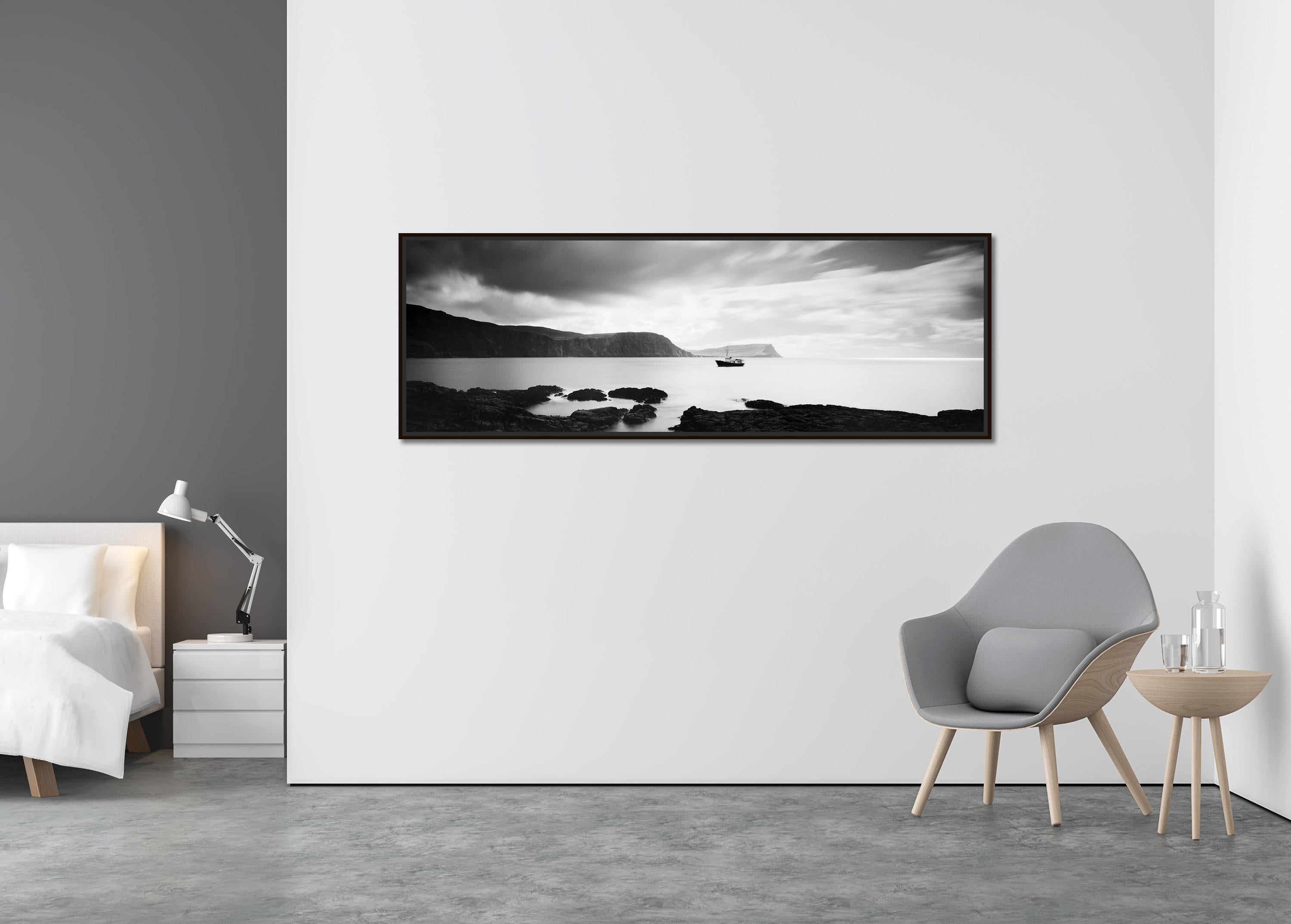 Fishing Boat Panorama, shoreline, Scotland, black white waterscape photography - Contemporary Photograph by Gerald Berghammer