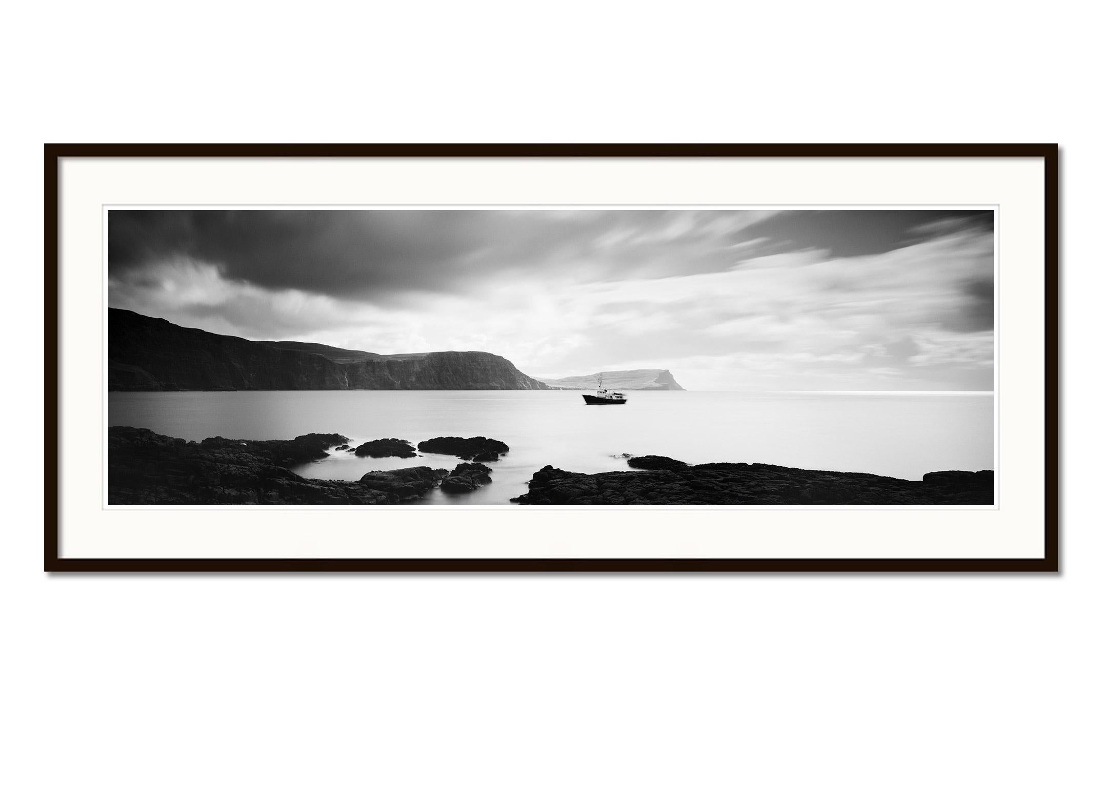 Fishing Boat Panorama, shoreline, Scotland, black white waterscape photography - Gray Black and White Photograph by Gerald Berghammer