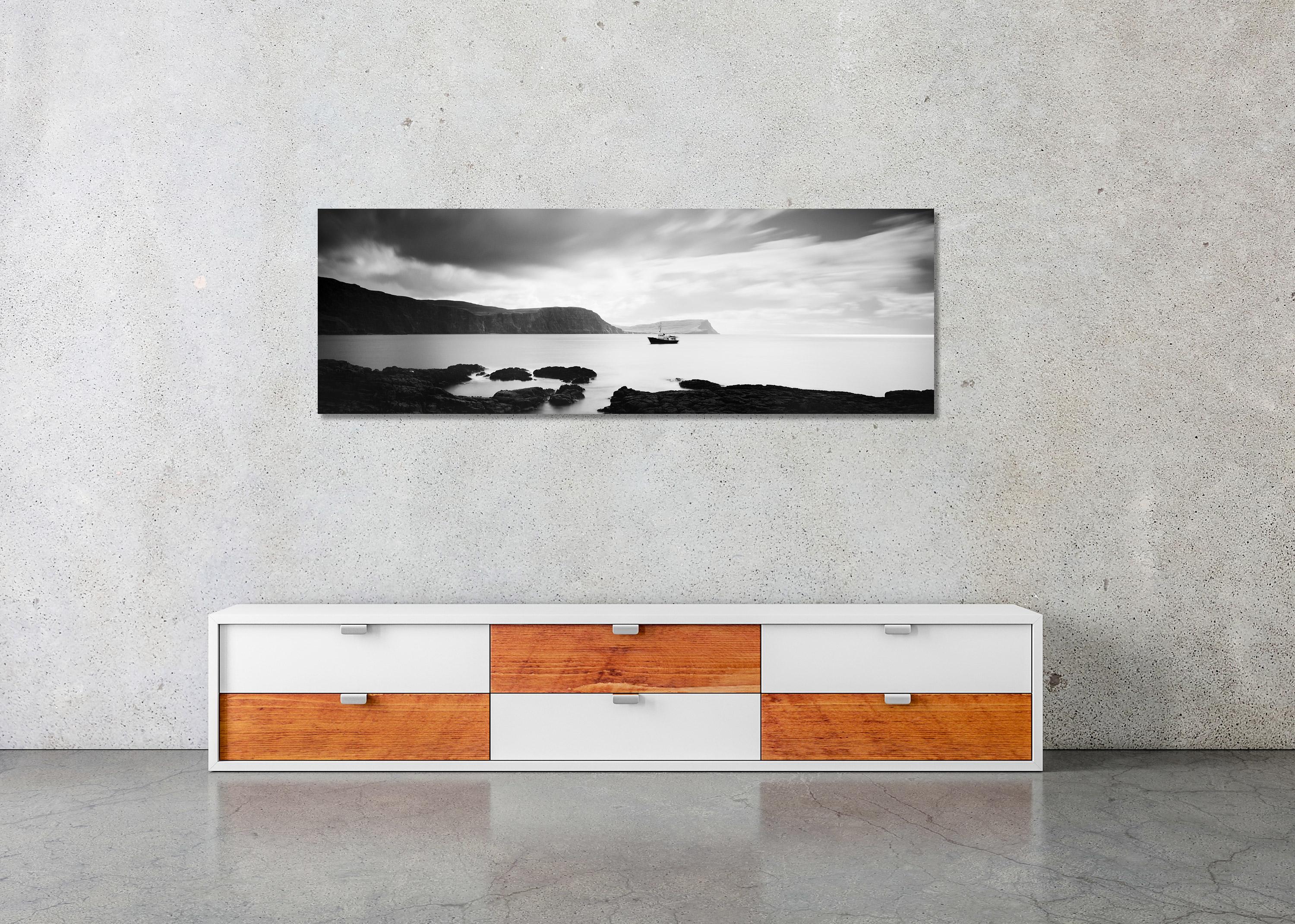 Fishing Boat Panorama, shoreline, Scotland, black white waterscape photography For Sale 1