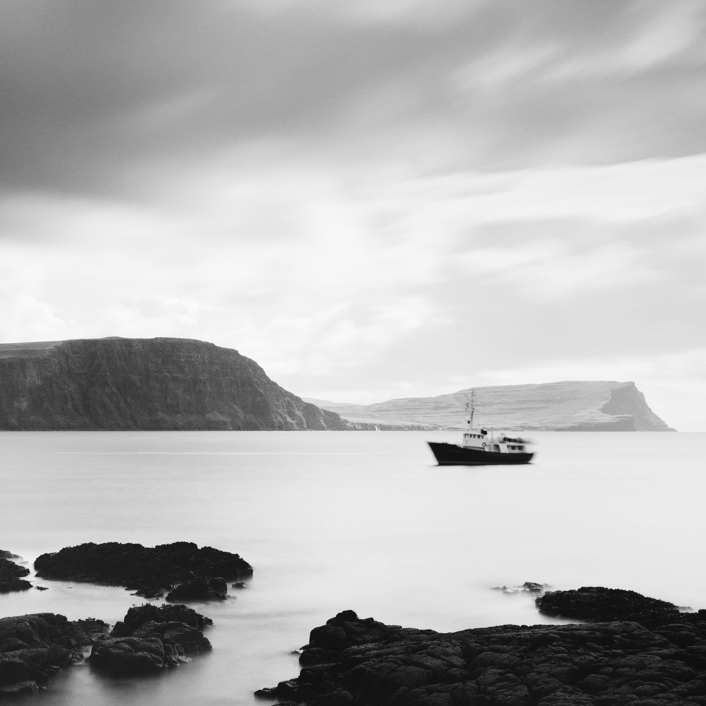 Fishing Boat Panorama, shoreline, Scotland, black white waterscape photography For Sale 4