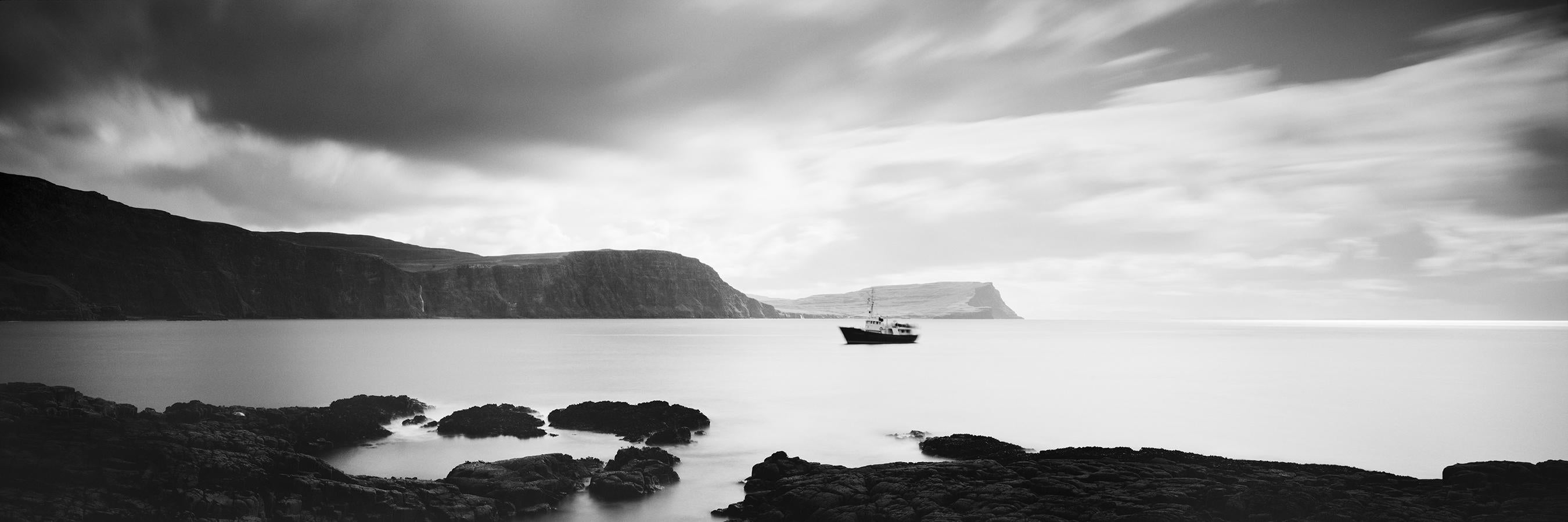 Fishing Boat Panorama, shoreline, Scotland, black white waterscape photography