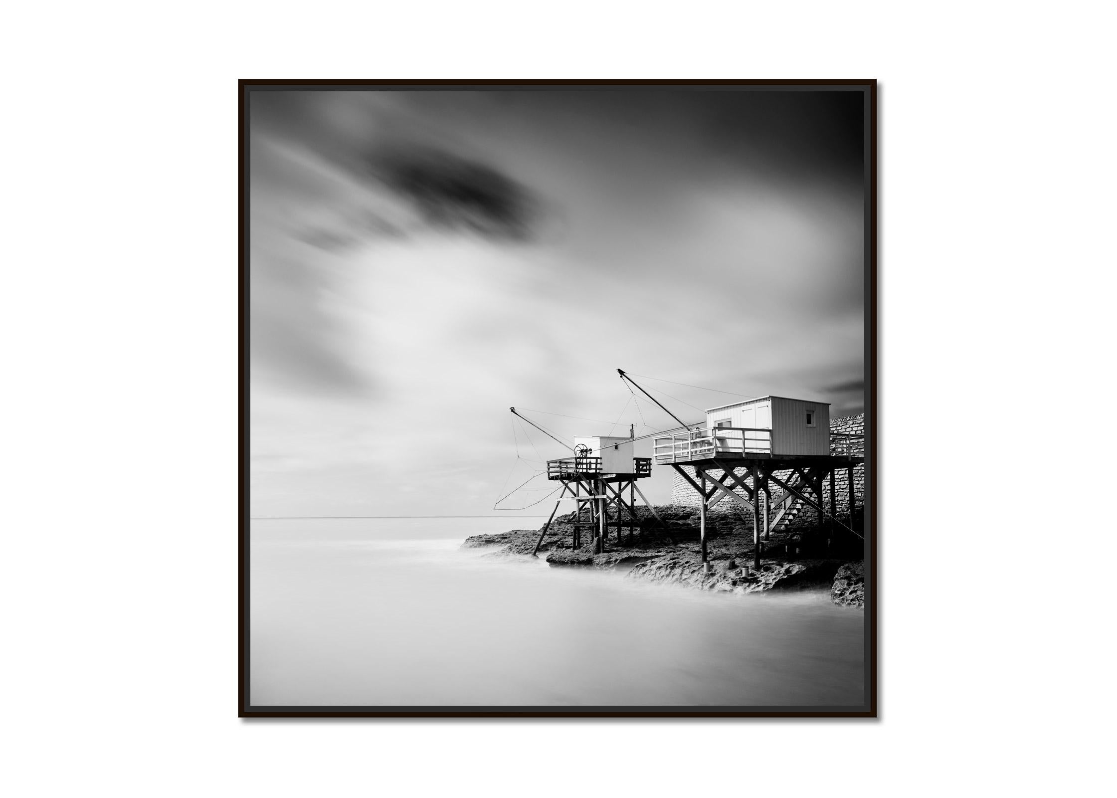 Fishing Hut on Stilts, Atlantic coast, France, black and white fineart landscape - Photograph by Gerald Berghammer