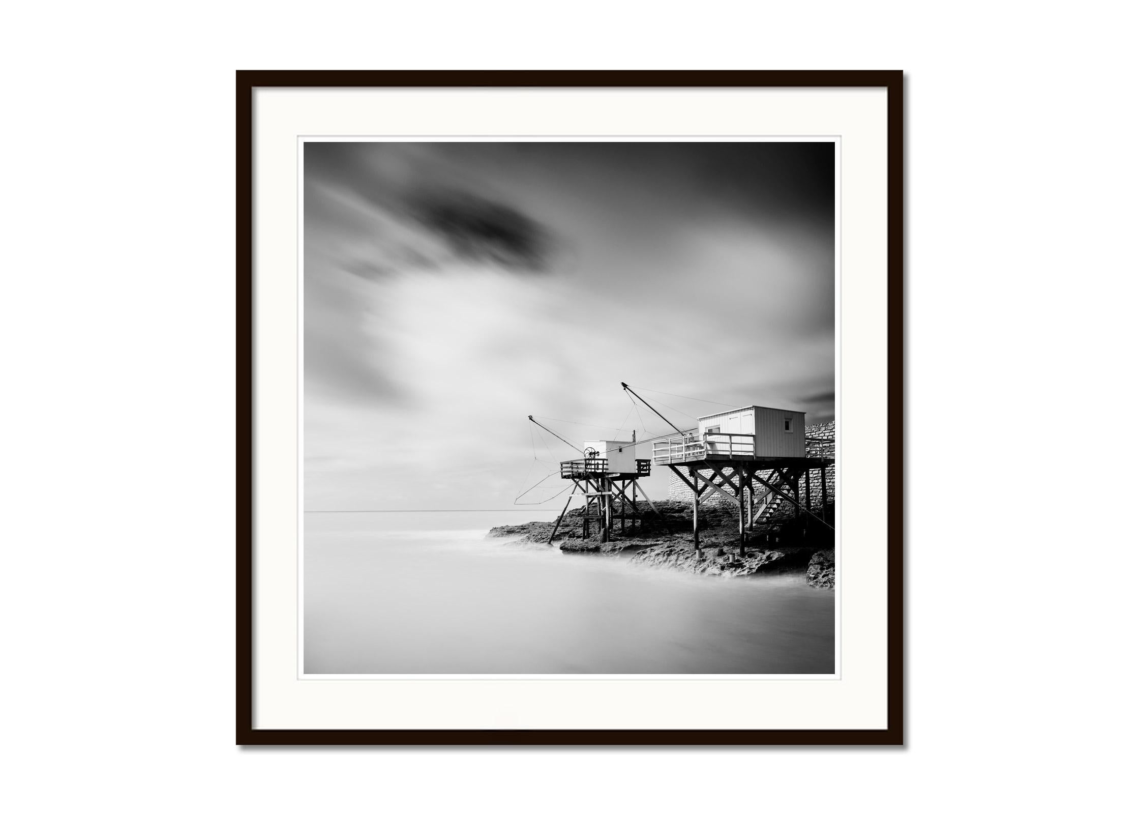 Fishing Hut on Stilts, Atlantic coast, France, black and white fineart landscape - Gray Black and White Photograph by Gerald Berghammer