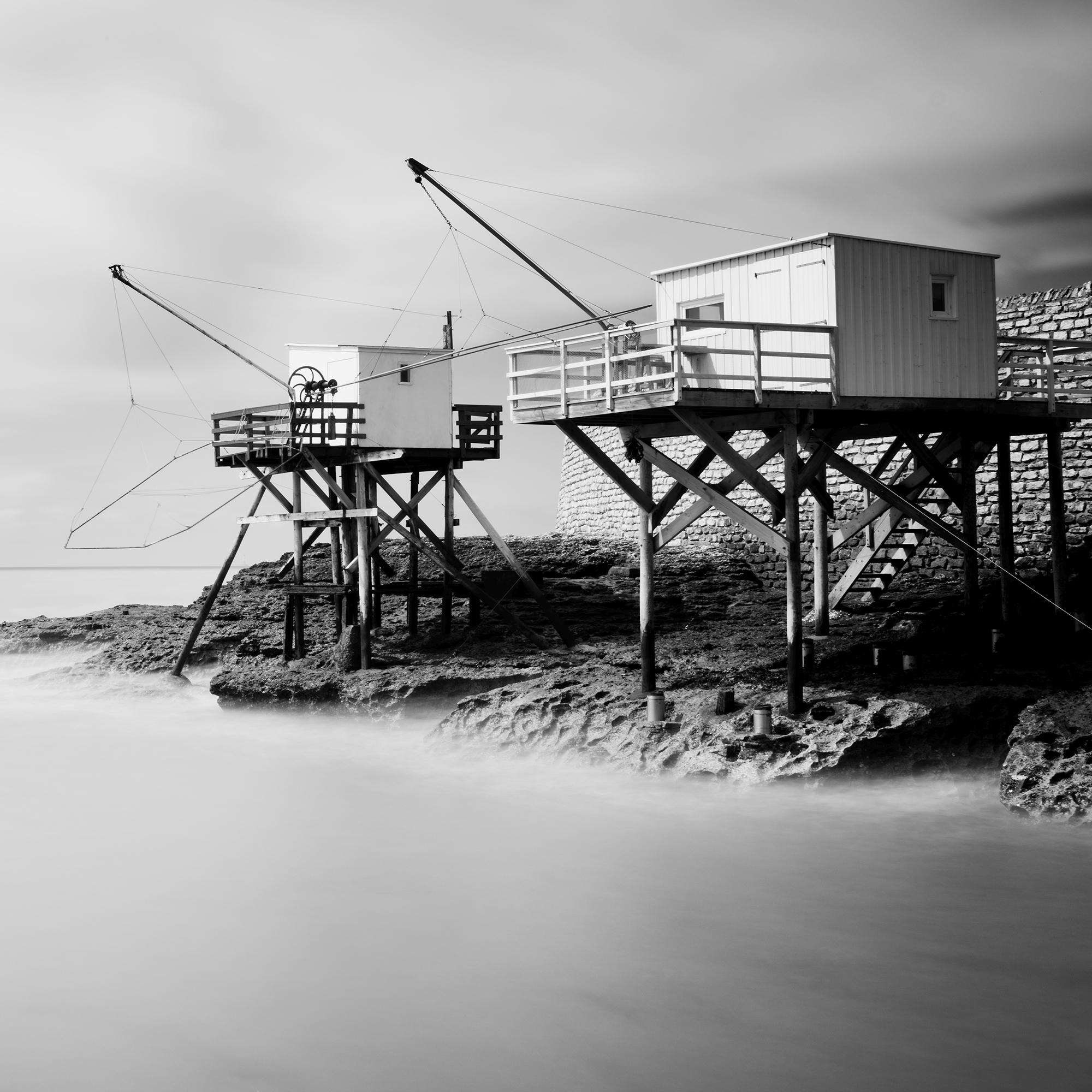 Fishing Hut on Stilts, Atlantic coast, France, black and white fineart landscape For Sale 3