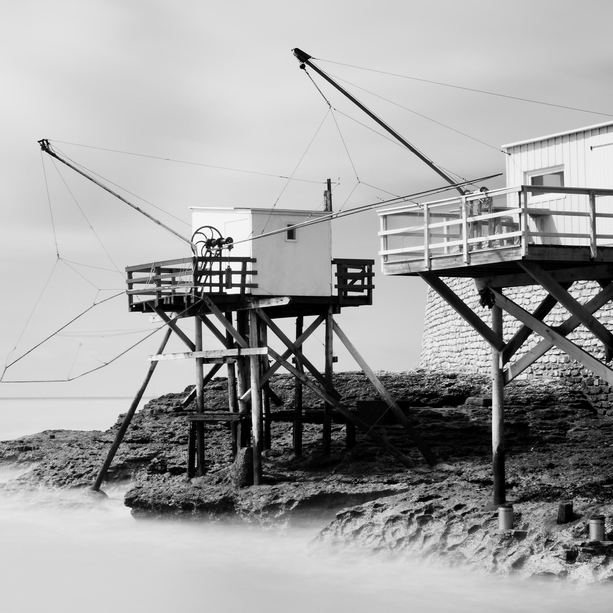 Fishing Hut on Stilts, Atlantic coast, France, black and white fineart landscape For Sale 4