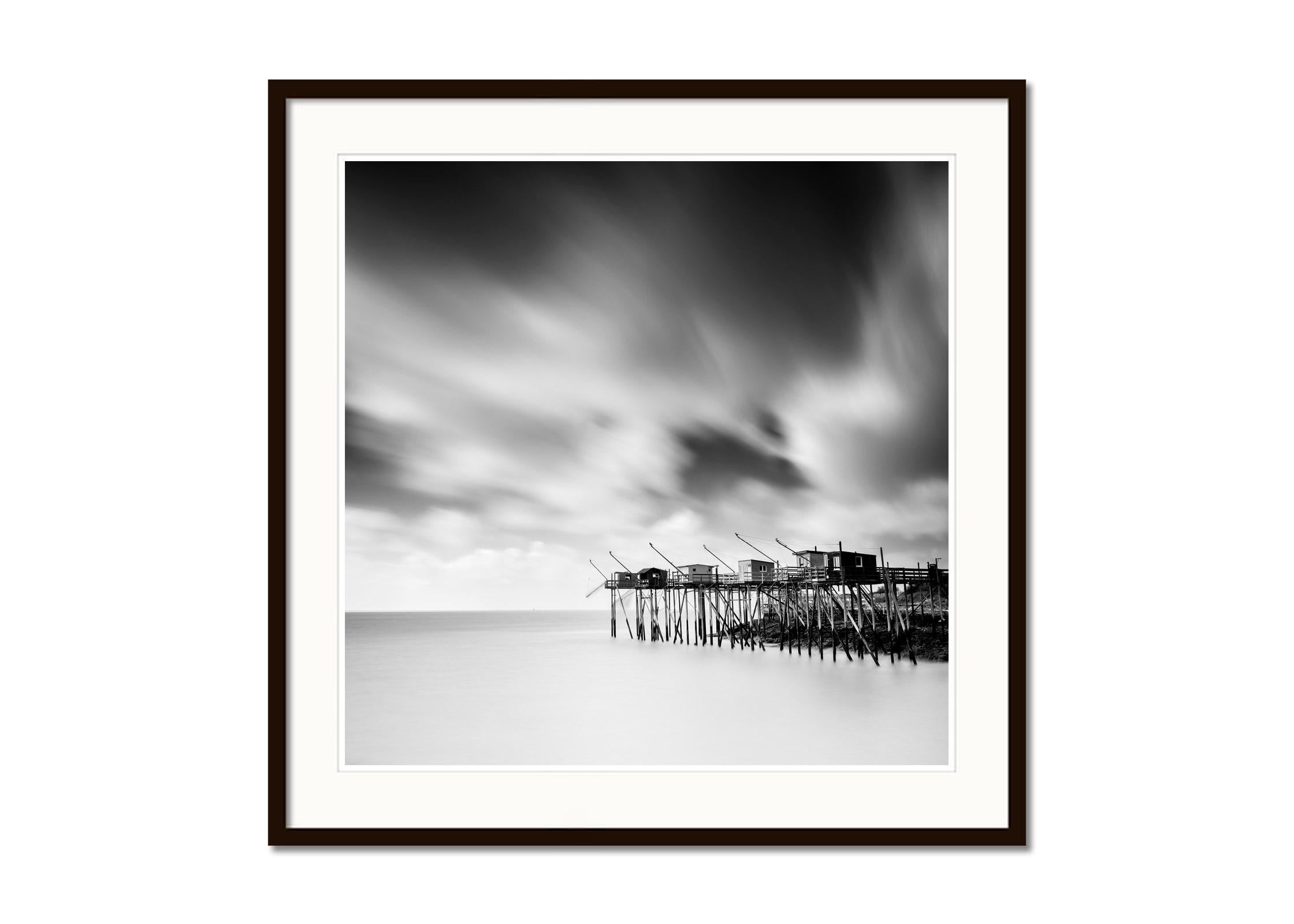 Fishing Hut on Stilts, Carrelet, Atlanic Coast, b&w art landscape photography - Gray Black and White Photograph by Gerald Berghammer