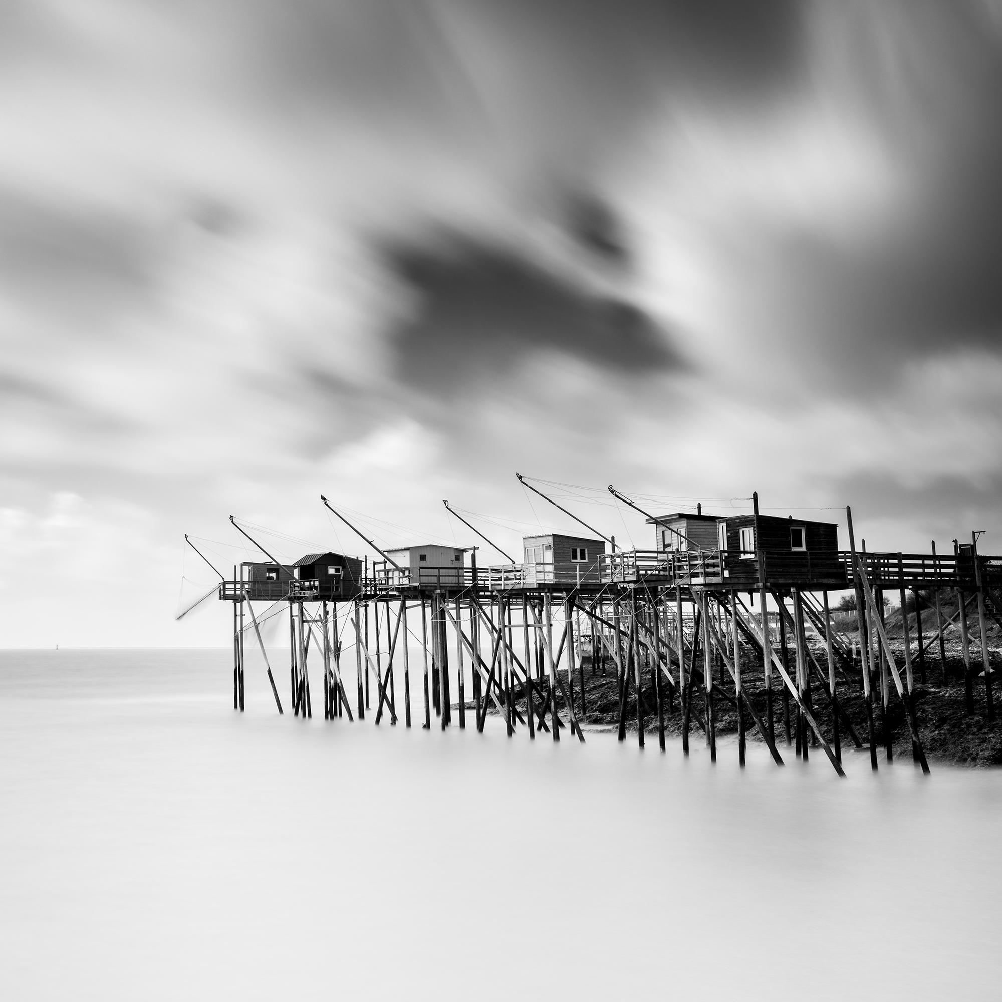 Fishing Hut on Stilts, Carrelet, Atlanic Coast, b&w art landscape photography For Sale 3