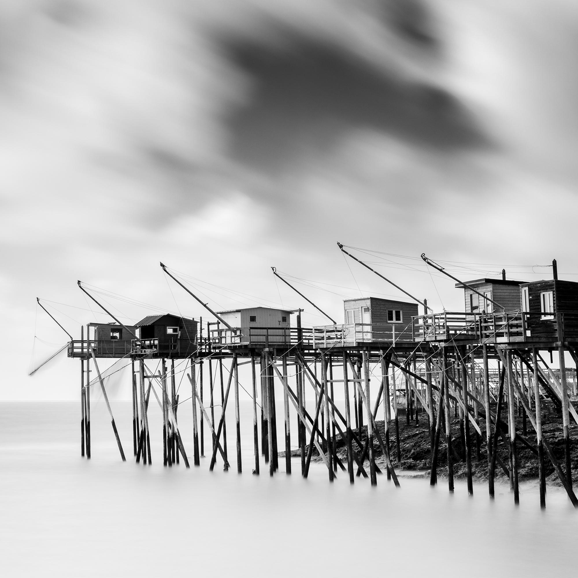 Fishing Hut on Stilts, Carrelet, Atlanic Coast, b&w art landscape photography For Sale 4