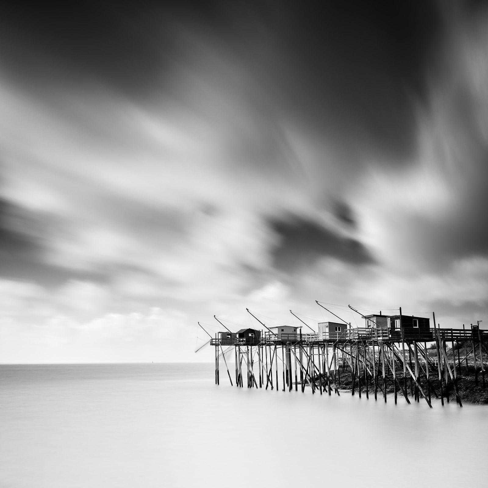 Fishing Hut on Stilts, Carrelet, Atlanic Coast, b&w art landscape photography
