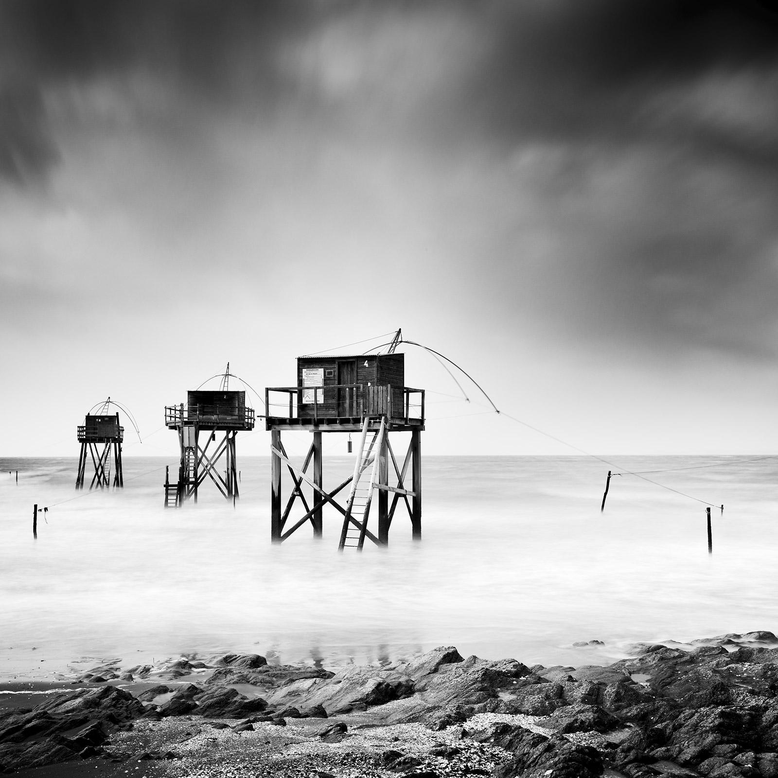 Fishing Hut on Stilts, Carrelets, black and white fine landscape photography 