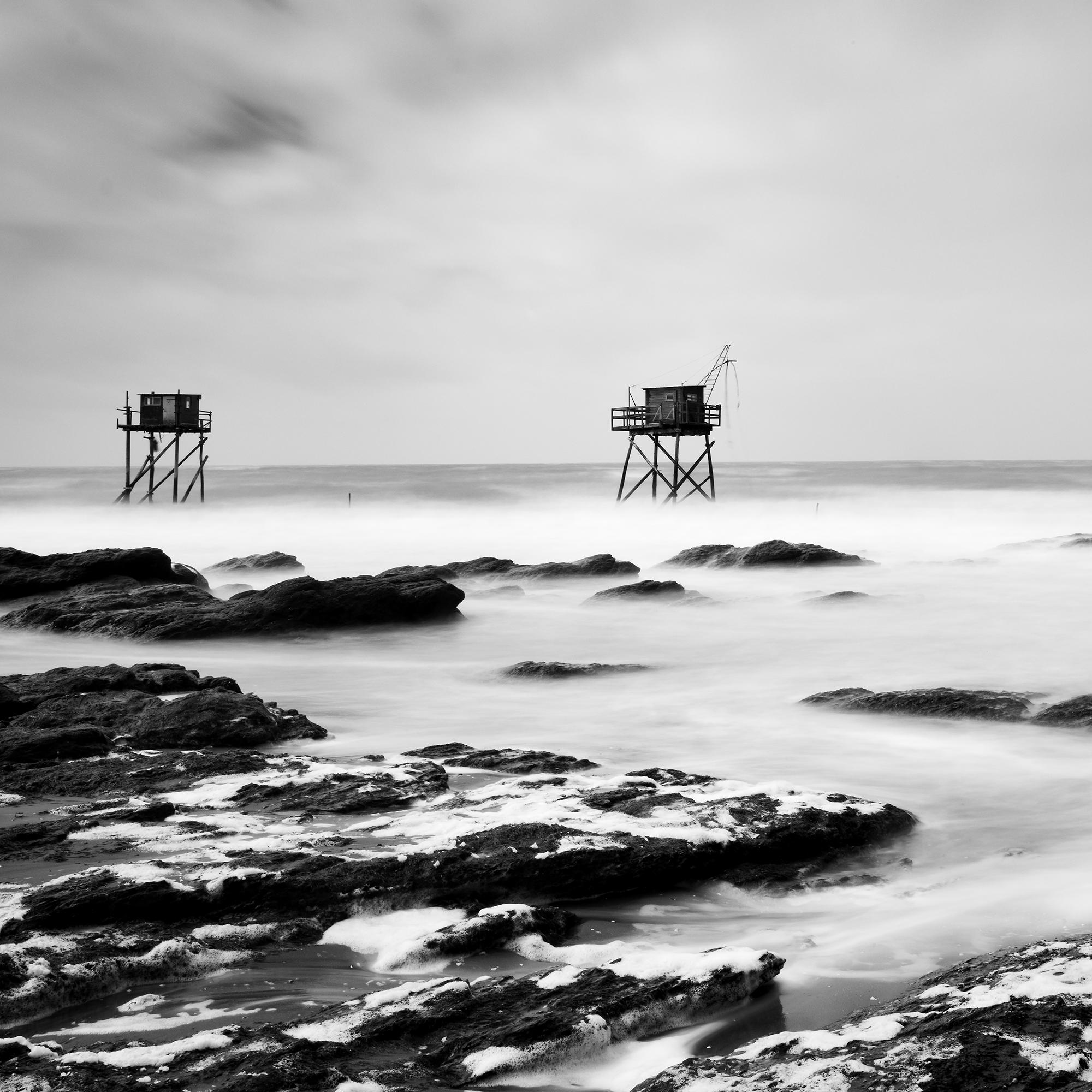 Fishing Hut on Stilts, coast of Atlantic Ocean, black and white waterscape For Sale 3