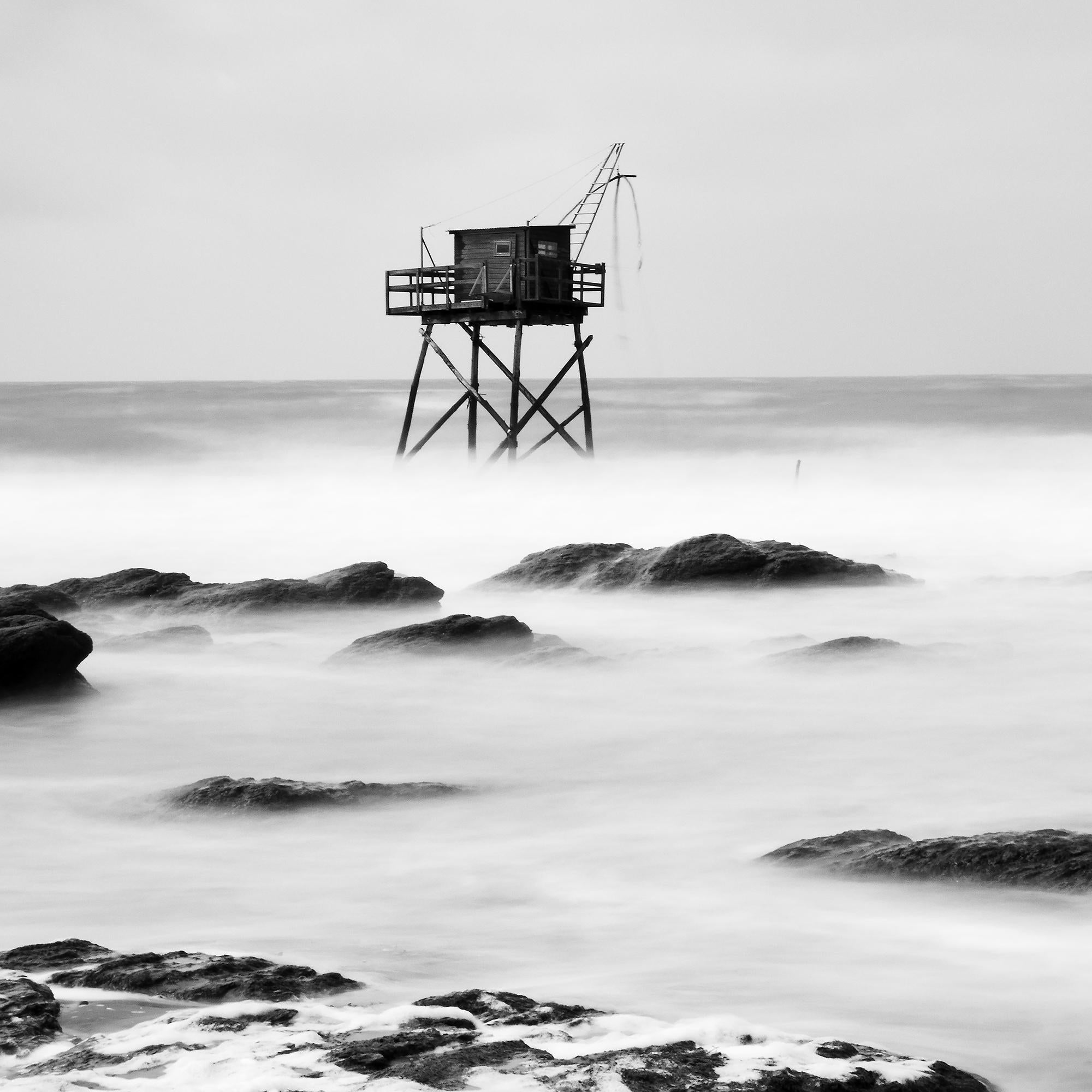 Fishing Hut on Stilts, coast of Atlantic Ocean, black and white waterscape For Sale 4