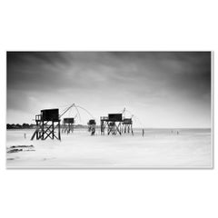 Fishing Hut on Stilts Panorama, Schwarz-Weiß-Landschaftsfotografie