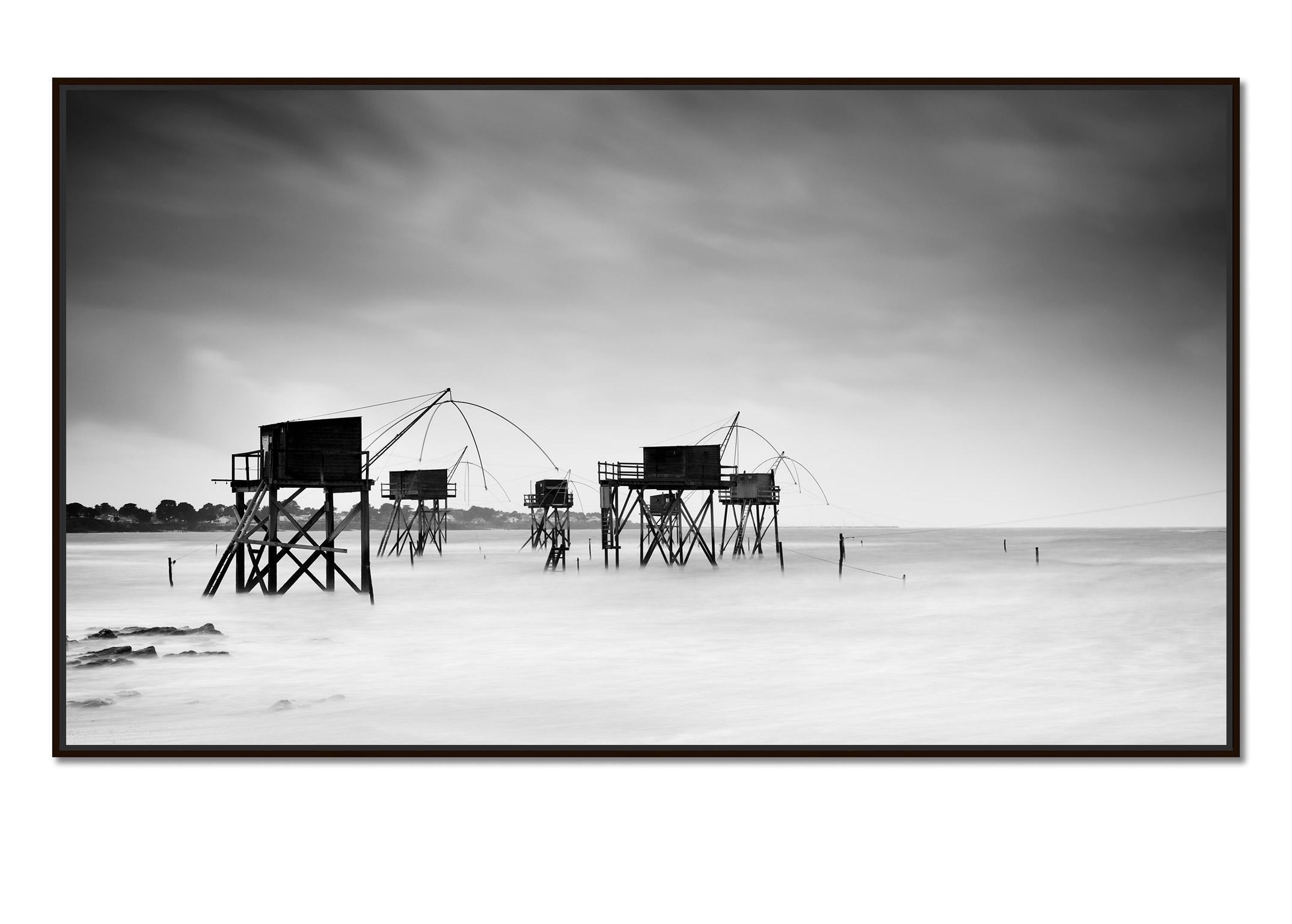 Fishing Hut on Stilts Panorama, black and white landscape fine art photography  - Contemporary Photograph by Gerald Berghammer
