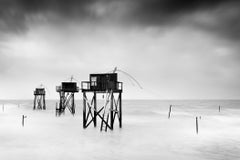 Capanna da pesca su palafitte Panorama,  tempesta, Oceano Atlantico, Francia, bianco e nero
