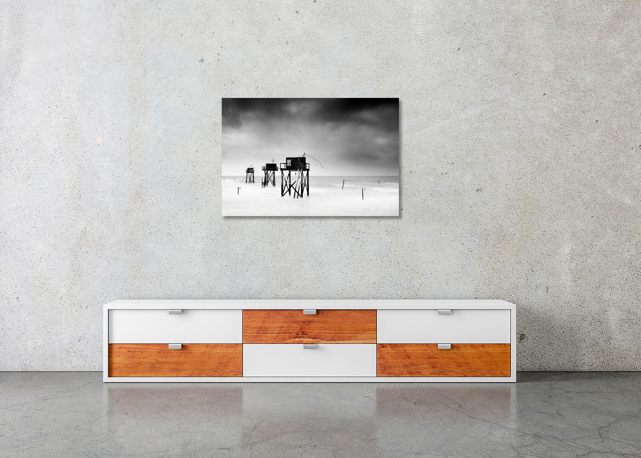 Fishing Hut On Stilts Panorama,  stormy, Atlantic Ocean, France, black and white For Sale 1