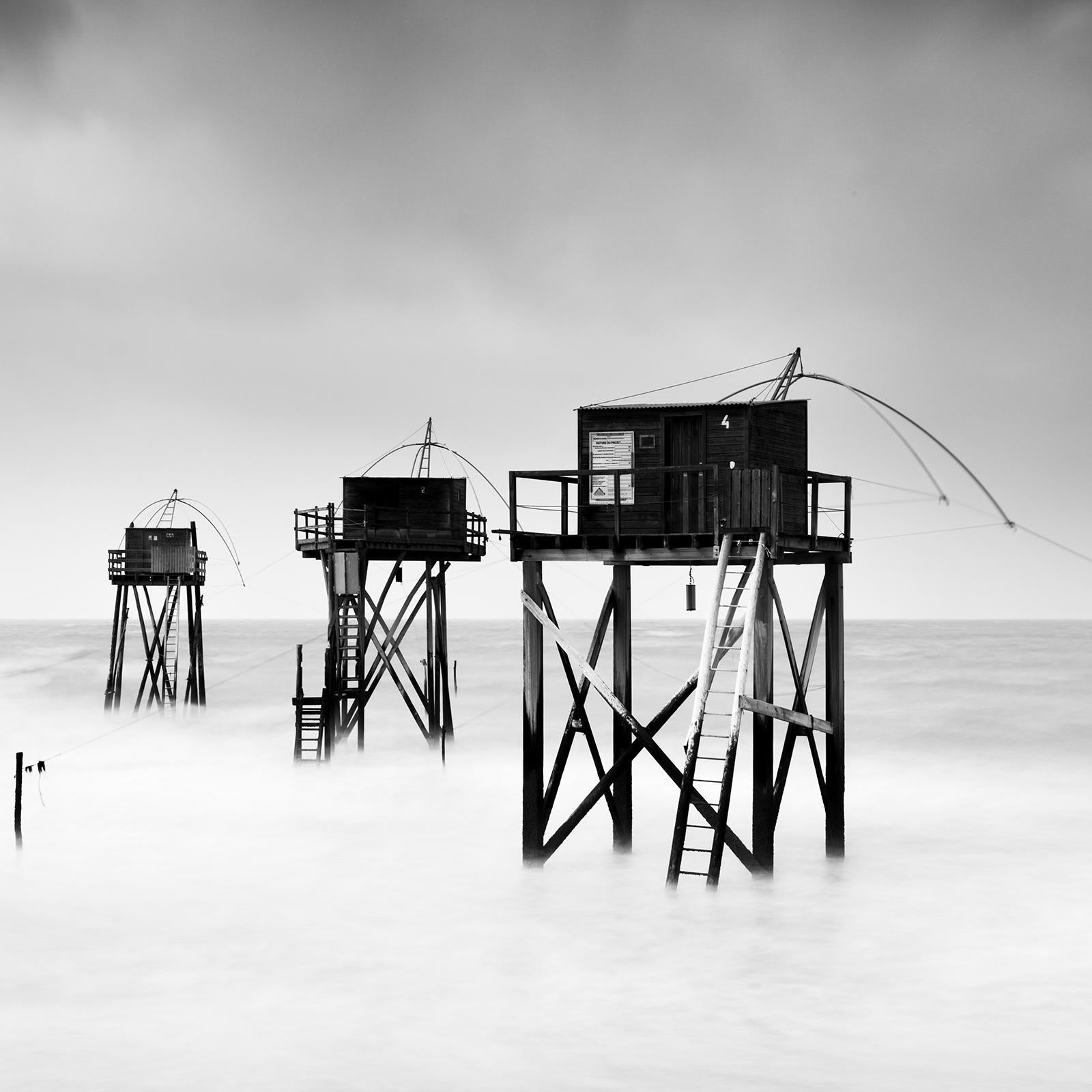 Fishing Hut On Stilts Panorama,  stormy, Atlantic Ocean, France, black and white For Sale 4