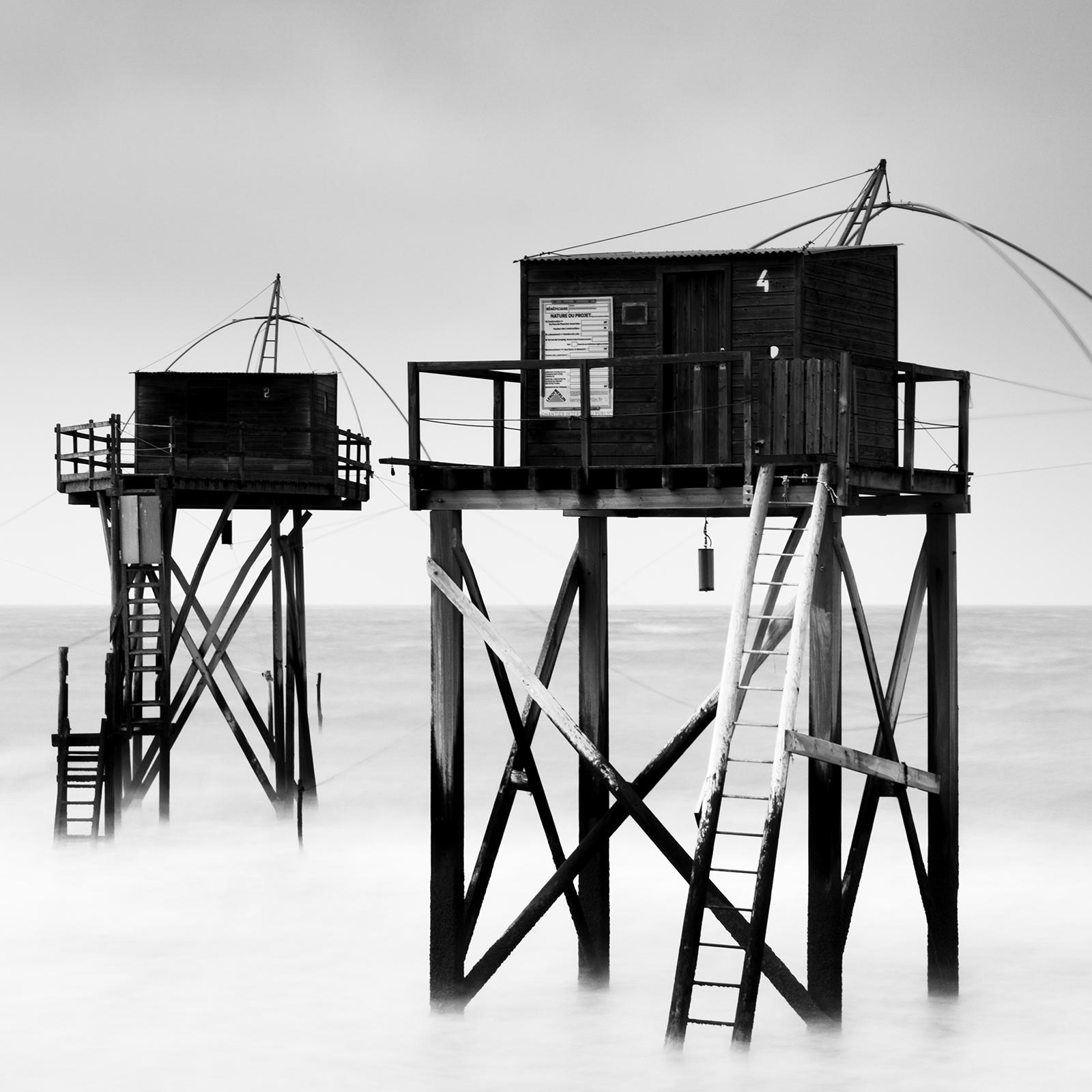 Fishing Hut On Stilts Panorama,  stormy, Atlantic Ocean, France, black and white For Sale 5