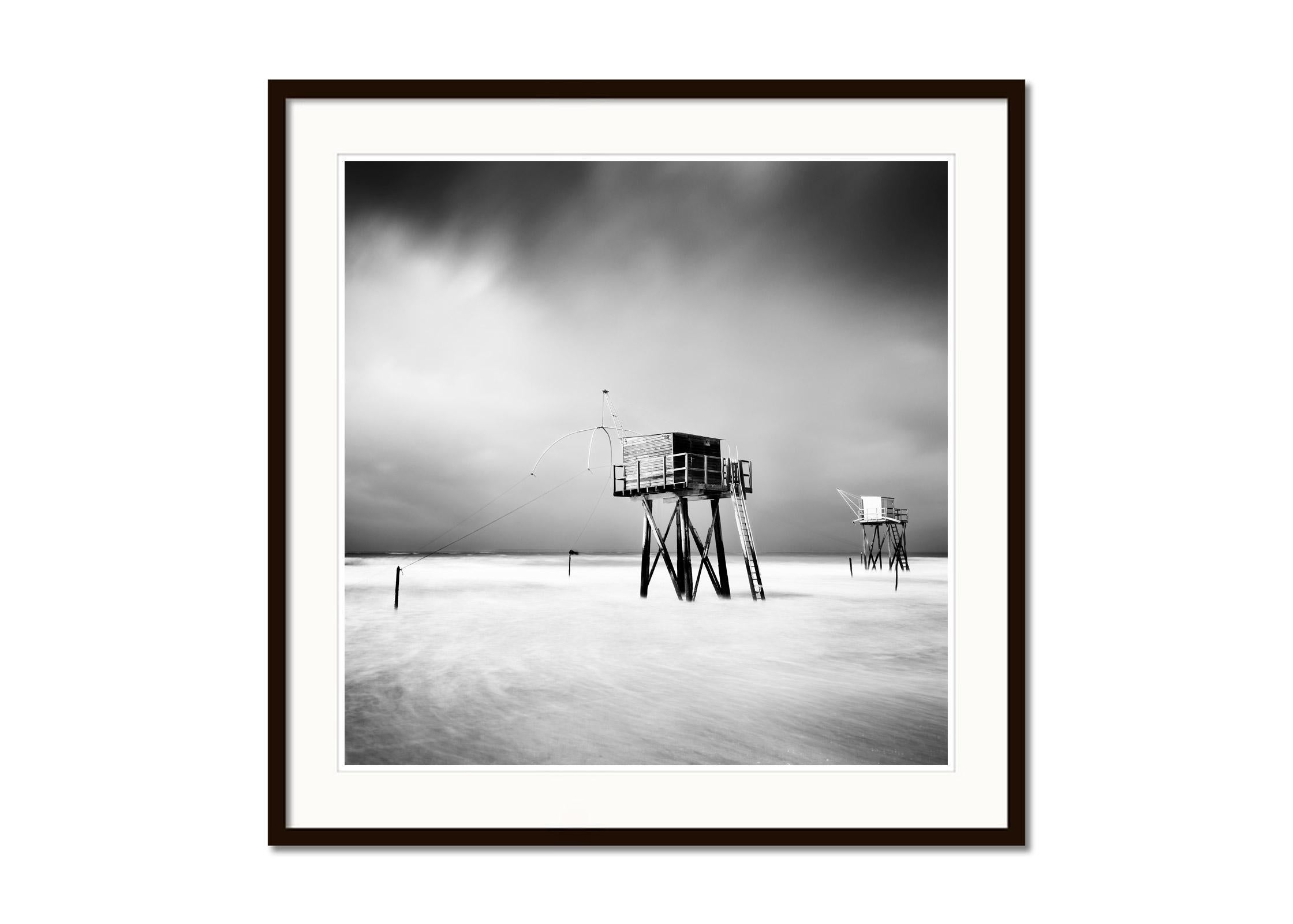 Fishing Hut, Saint Michel Chef Chef, black and white art waterscape photography - Gray Black and White Photograph by Gerald Berghammer