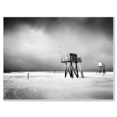 Fishing Hut on Stilts, shoreline, storm - black white landscape photography