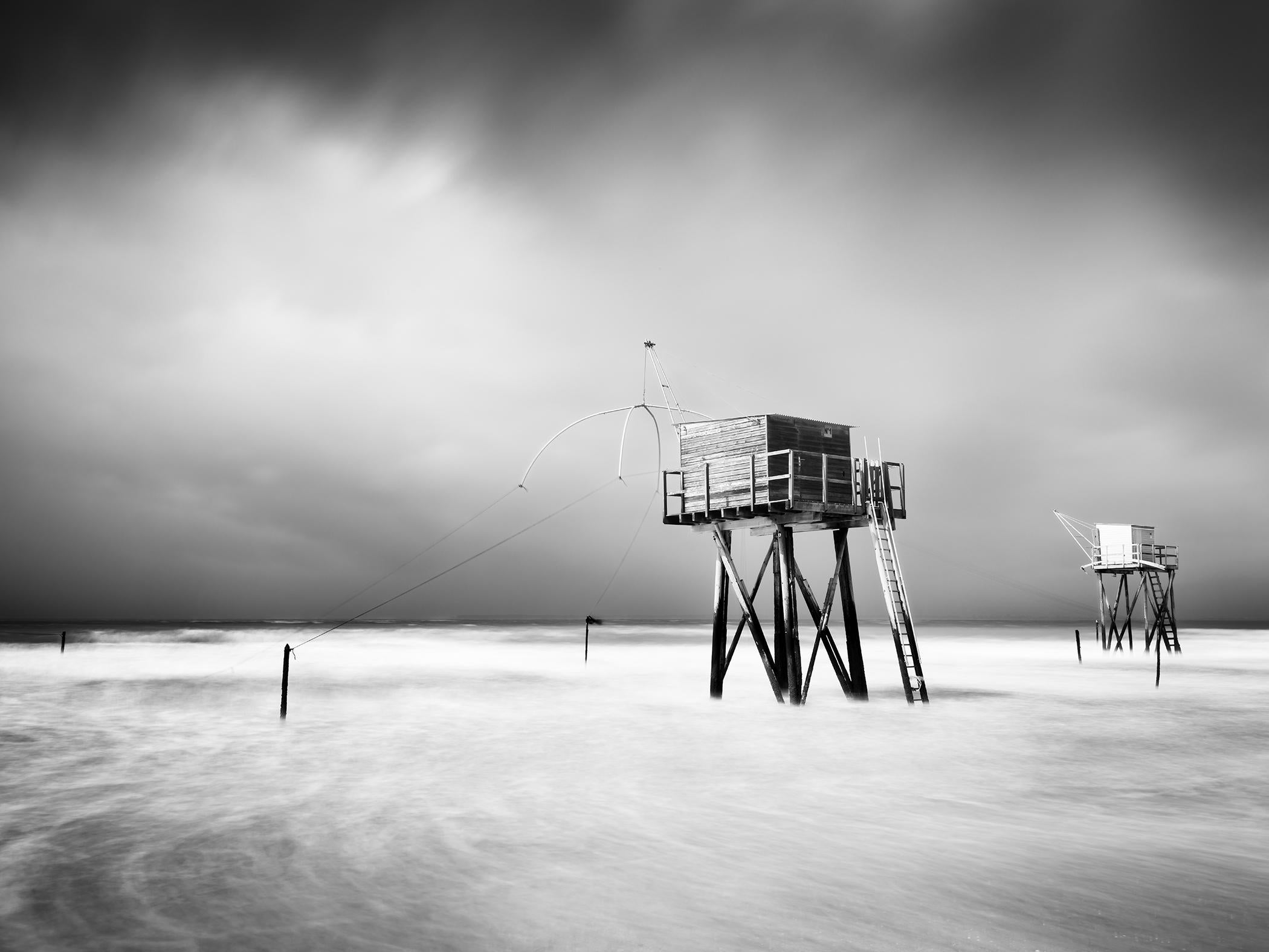 Fishing Hut on Stilts, shoreline, storm - black white landscape photography