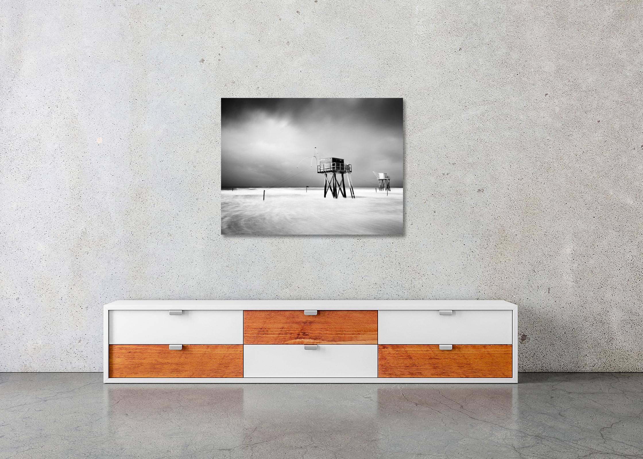 Fishing Hut On Stilts, surf, shoreline, storm, black white landscape photography For Sale 2