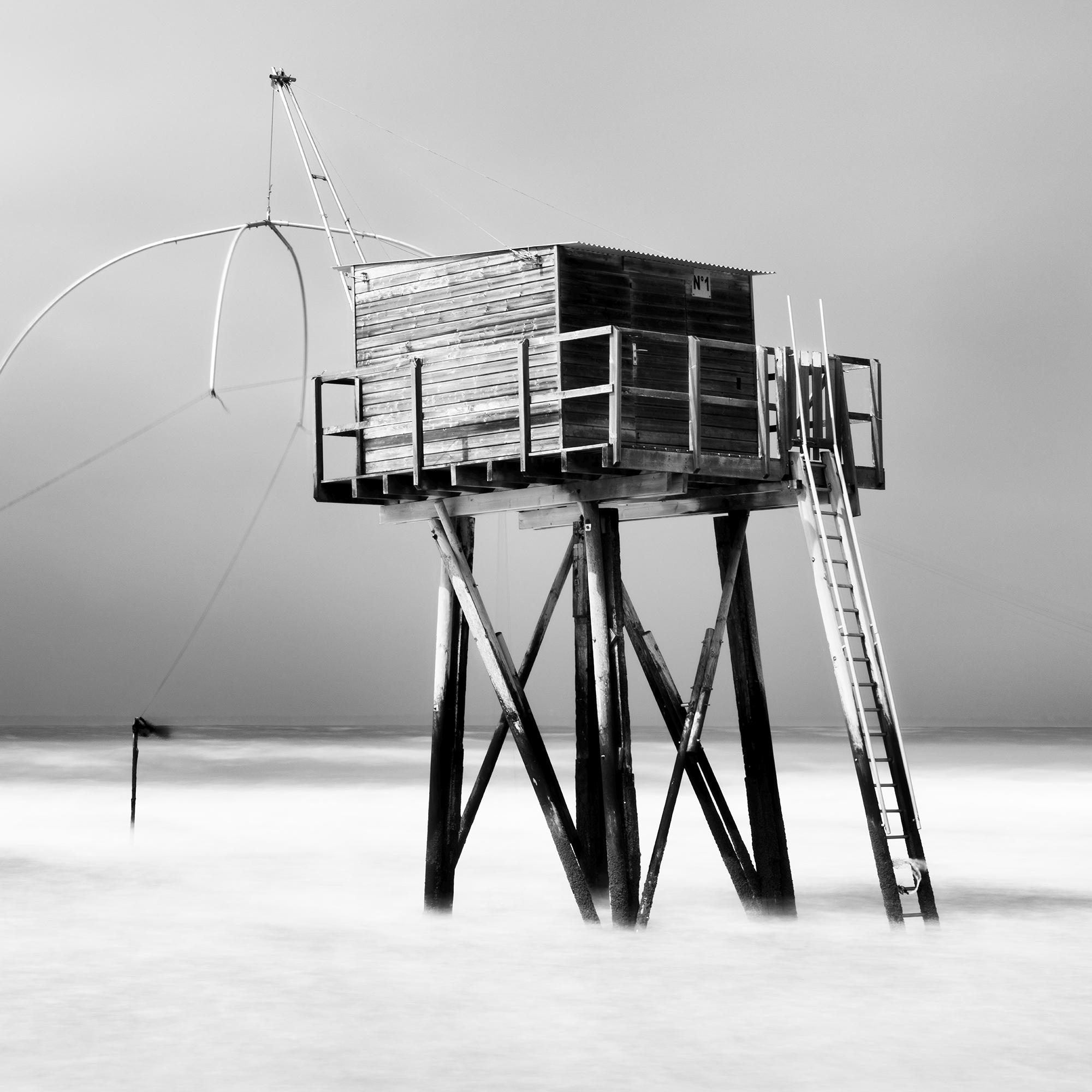 Fishing Hut on Stilts, shoreline, storm, black white photography, landscape, art For Sale 4