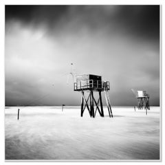 Long Exposure Black and White Seascape Photograph, Fishing Hut on Stilts
