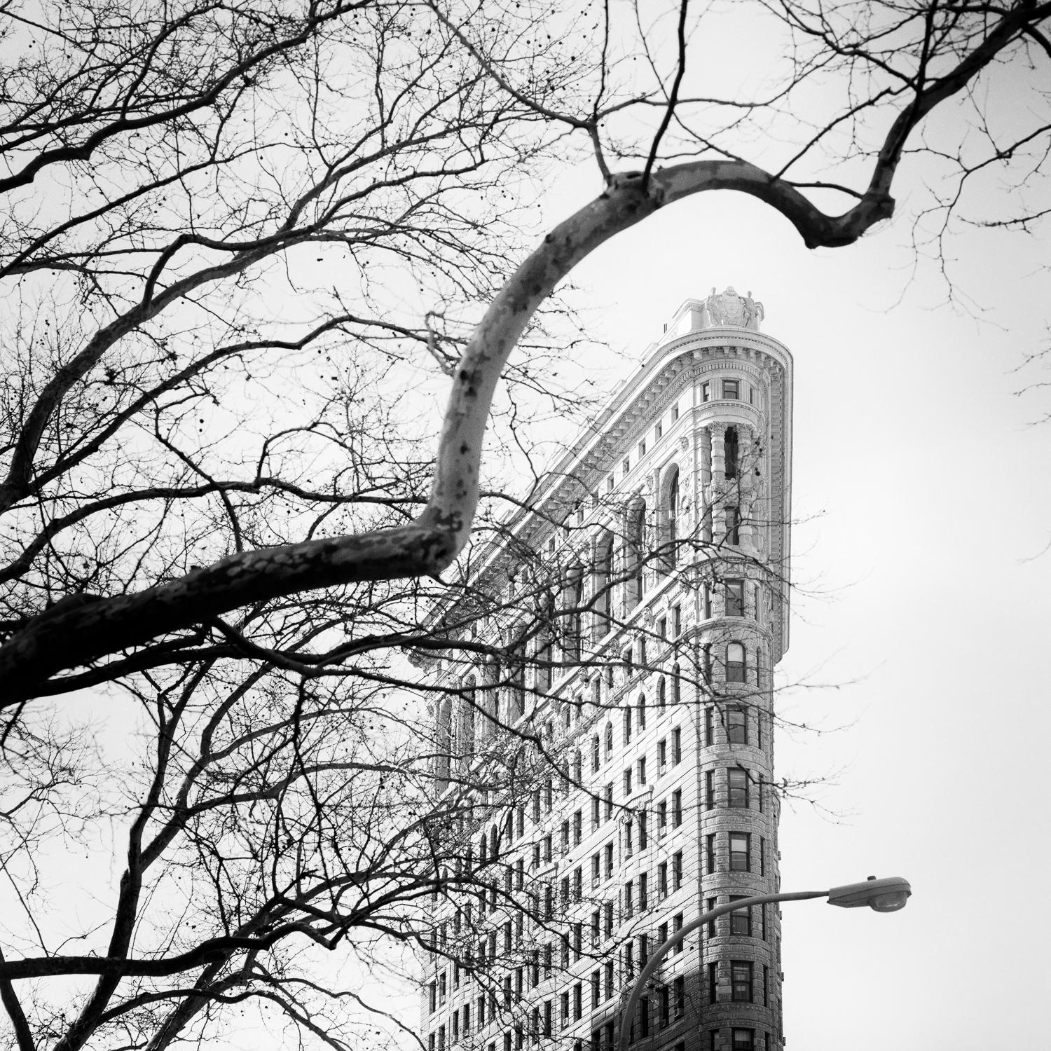 Flatiron Building, New York City, USA, black and white art cityscape, wood frame - Photograph by Gerald Berghammer