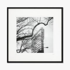 Flatiron Building, New York City, USA, black and white art cityscape, wood frame