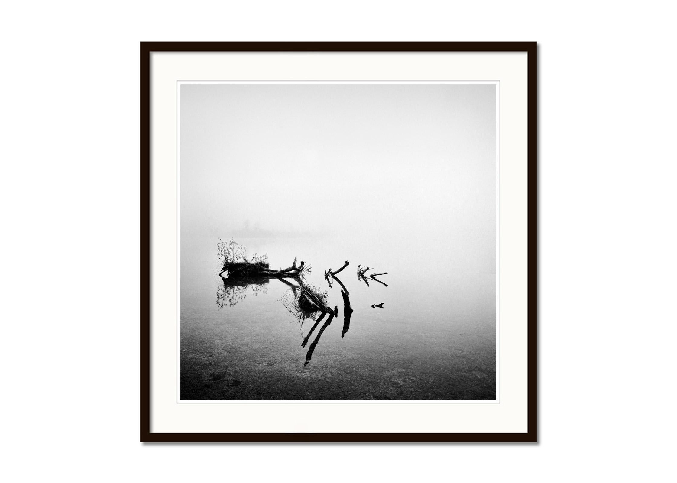 Foggy Revelation, Mountains, Almsee Lake, Austria,  black and white photography - Gray Abstract Photograph by Gerald Berghammer