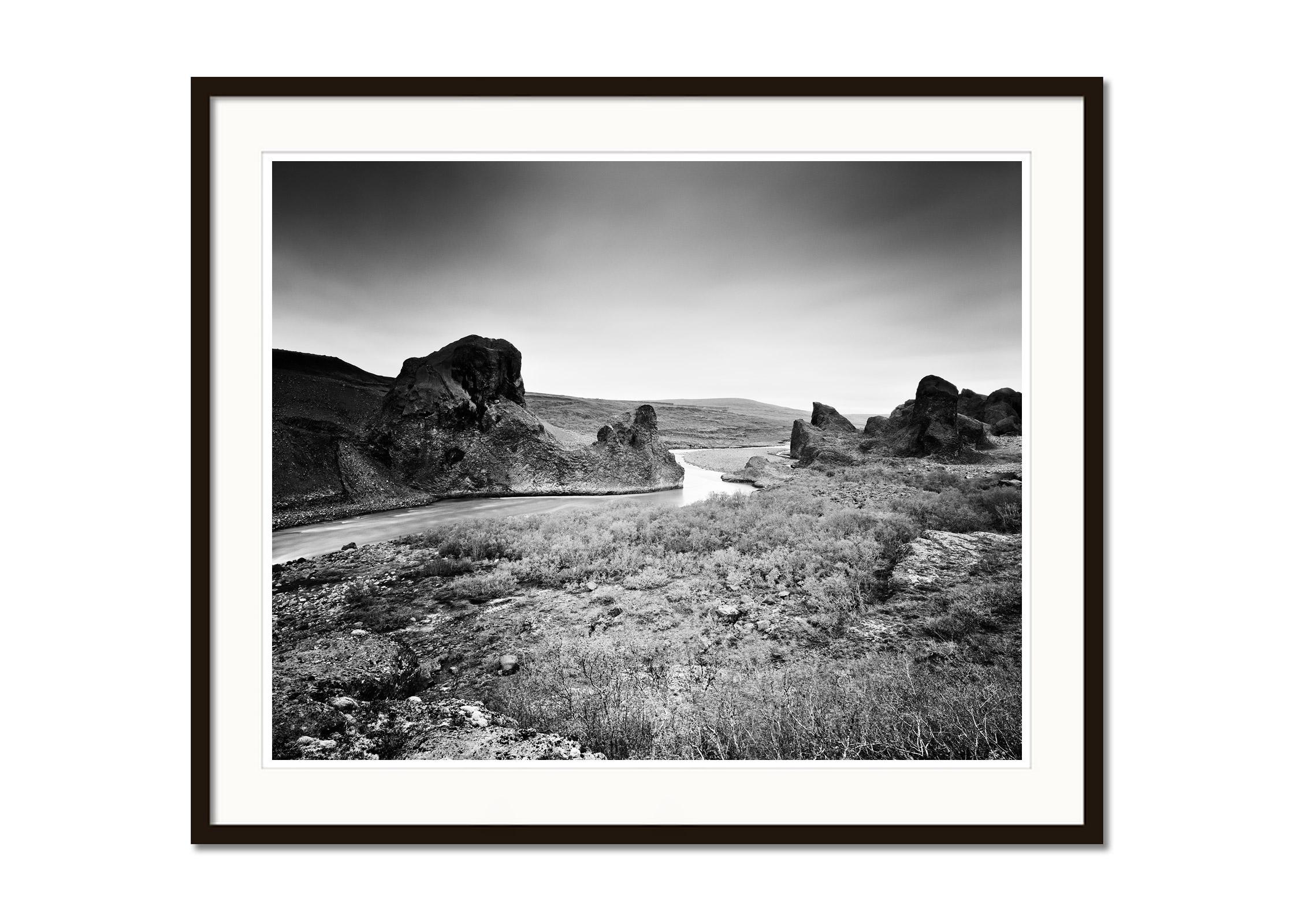 Follow Rivers, Iceland, black and white long exposure photography, landscape - Gray Black and White Photograph by Gerald Berghammer