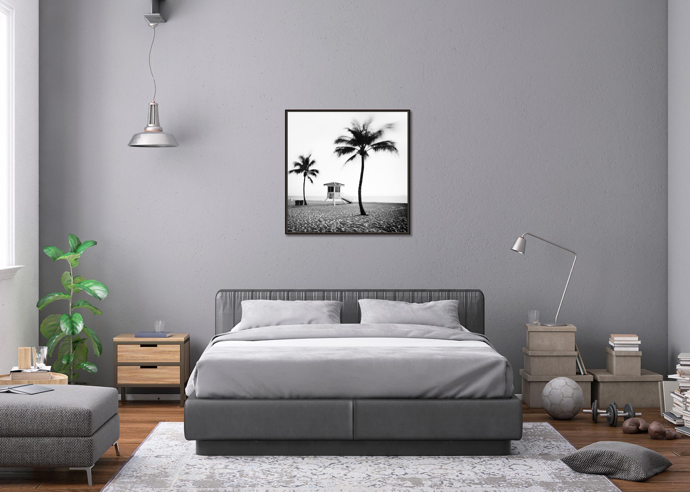 Black and White Fine Art landscape photography - Fort Lauderdale Beach with lifeguard tower and palm trees, Florida, USA. Archival pigment ink print, edition of 7. Signed, titled, dated and numbered by artist. Certificate of authenticity included.