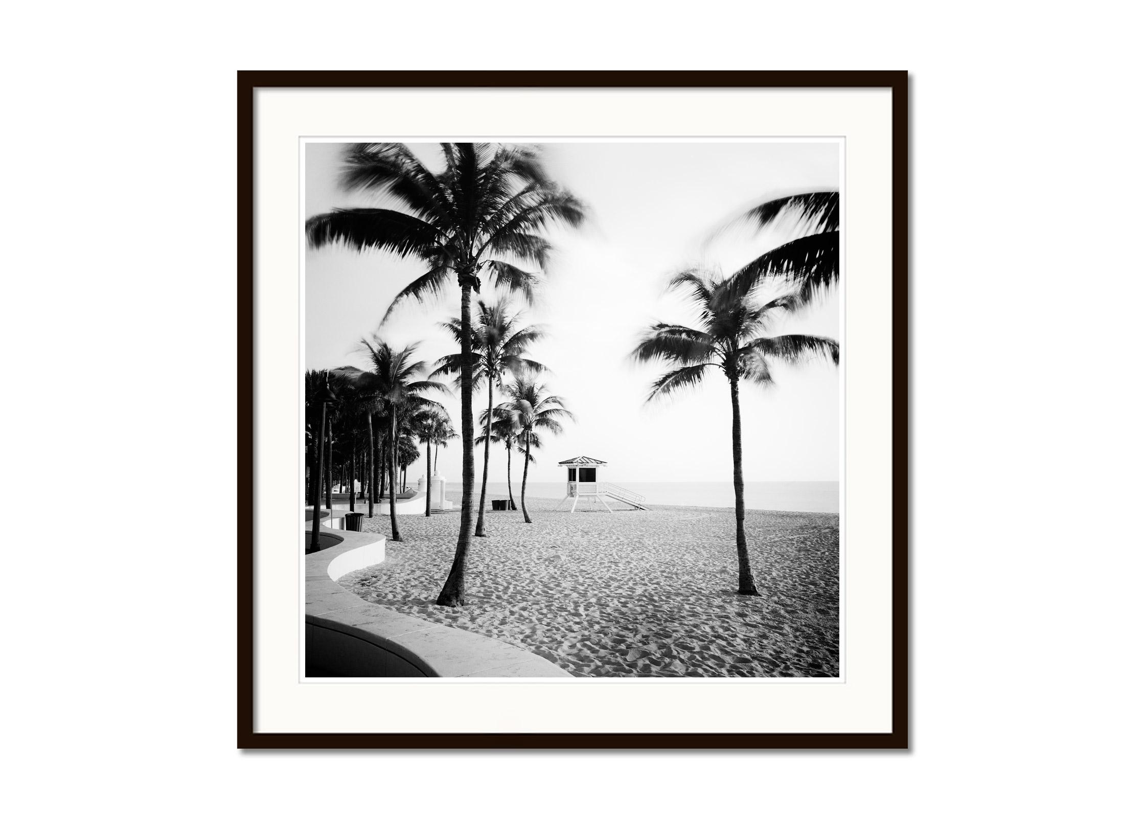 Black and white fine art landscape photography print. Lifeguard tower with palm trees on Fort Lauderdale's sandy Beach, Florida, USA. Archival pigment ink print, edition of 9. Signed, titled, dated and numbered by artist. Certificate of authenticity
