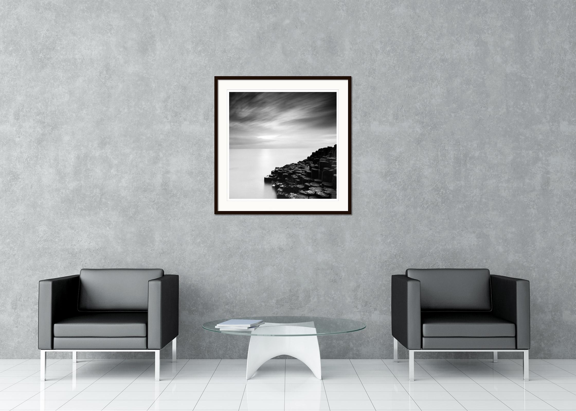 Black and White Fine Art long exposure landscape photography. Giants Causeway the natural wonder on the Irish coast at sunset, Ireland. Archival pigment ink print, edition of 9. Signed, titled, dated and numbered by artist. Certificate of