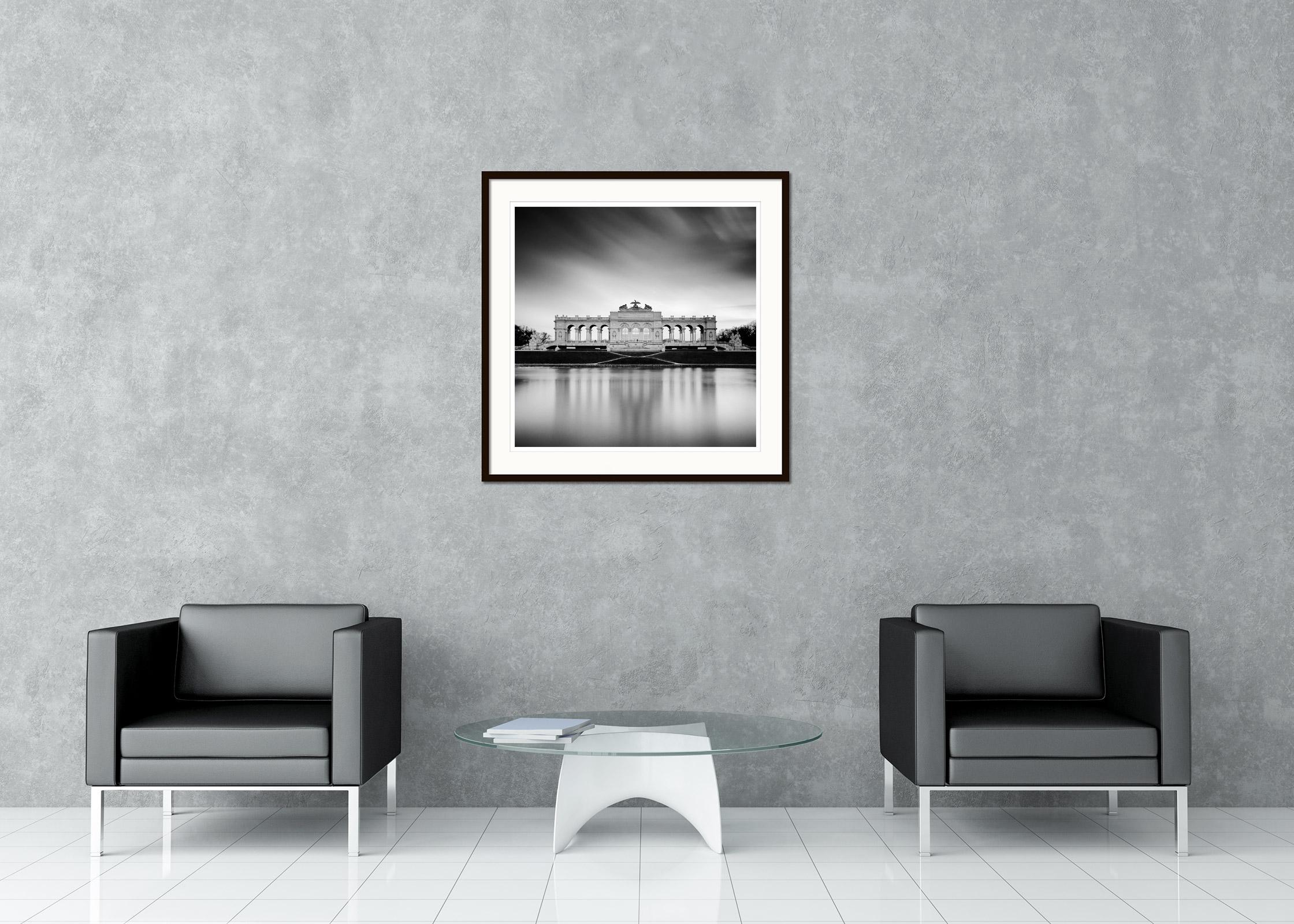 Black and white fine art cityscape - landscape photography print. The Gloriette is a Viennese landmark in the park of Schönbrunn Palace, Vienna, Austria. Archival pigment ink print, edition of 9. Signed, titled, dated and numbered by artist.