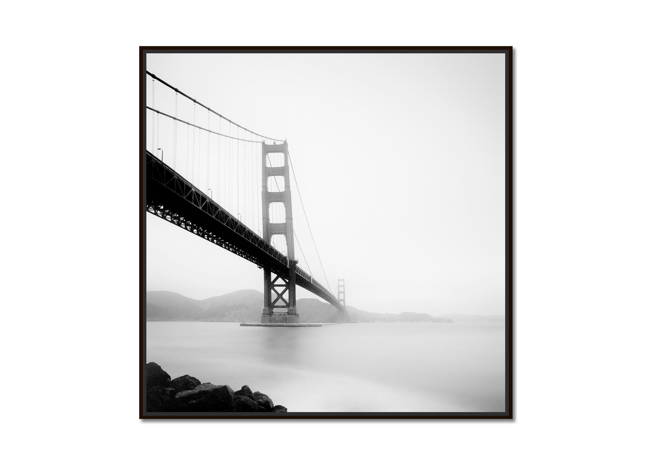 Golden Gate Bridge, foggy, San Francisco, black and white cityscape photography - Photograph by Gerald Berghammer