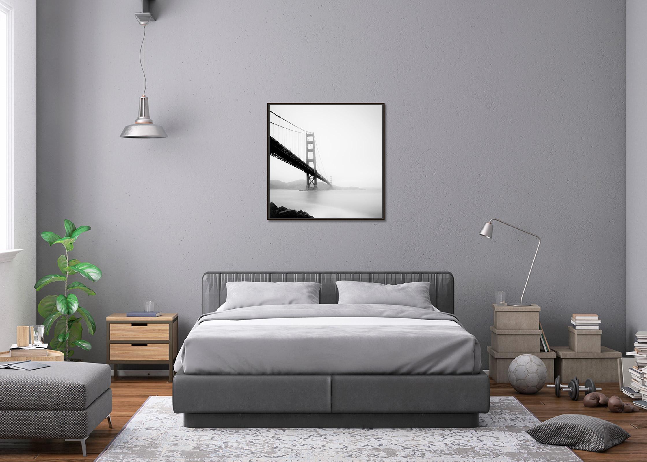 Golden Gate Bridge, foggy, San Francisco, black and white cityscape photography - Gray Black and White Photograph by Gerald Berghammer