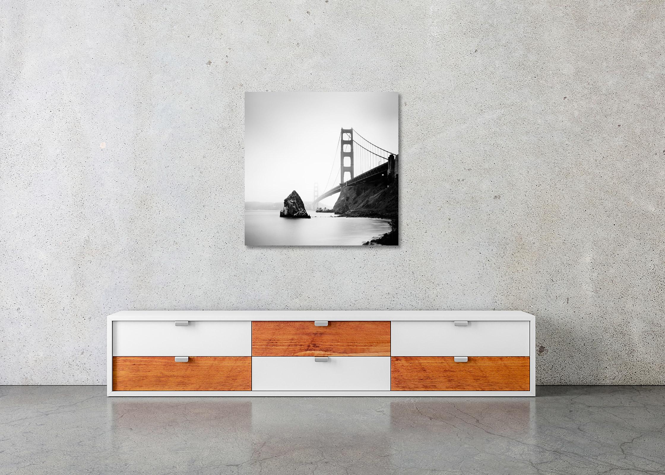 Golden Gate Bridge, fort point rock, San Francisco, b&w landscape photography For Sale 2