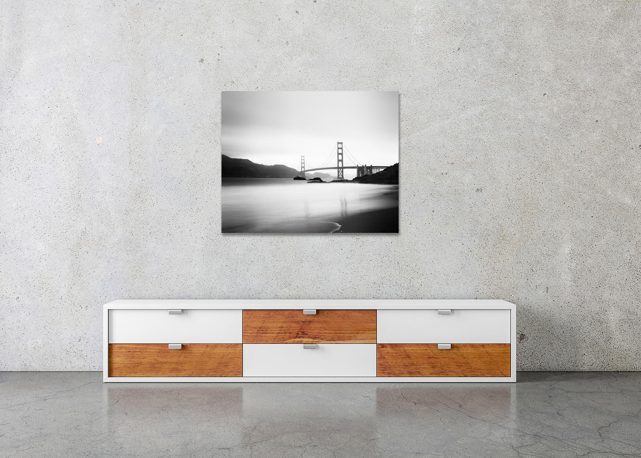 Golden Gate Bridge, Marshalls Beach, black and white landscape art photography - Gray Black and White Photograph by Gerald Berghammer